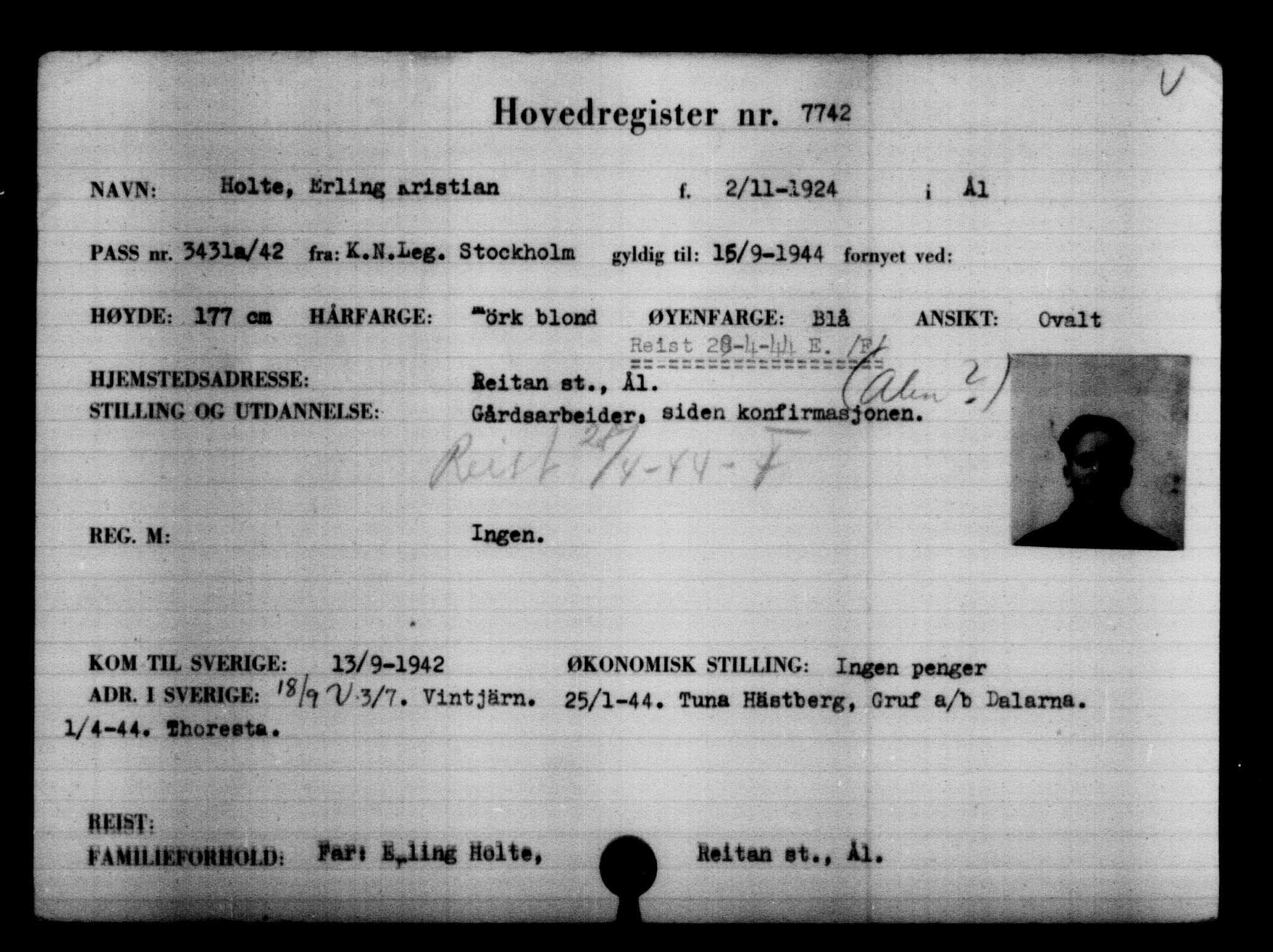 Utenriksstasjonene, Legasjonen i Stockholm, Flyktningkontoret, AV/RA-S-6753/V/Va/L0005: Kjesäterkartoteket, flyktninger med registreringsnr. 6600-9417, 1940-1945, s. 1335