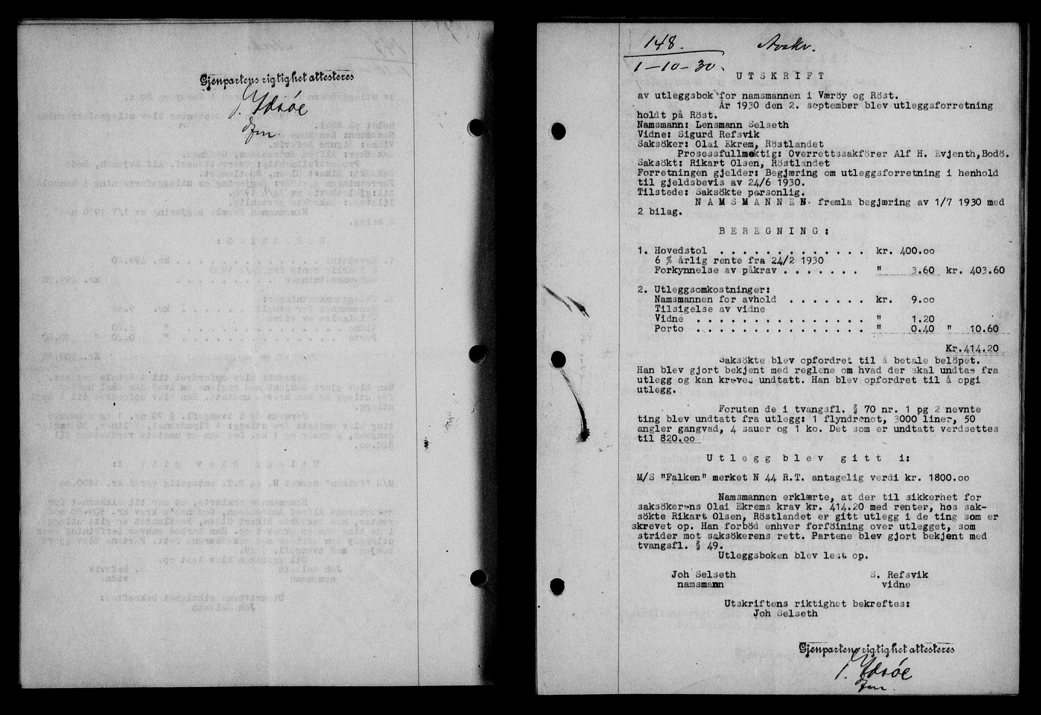 Lofoten sorenskriveri, SAT/A-0017/1/2/2C/L0022b: Pantebok nr. 22b, 1930-1930, Tingl.dato: 01.10.1930