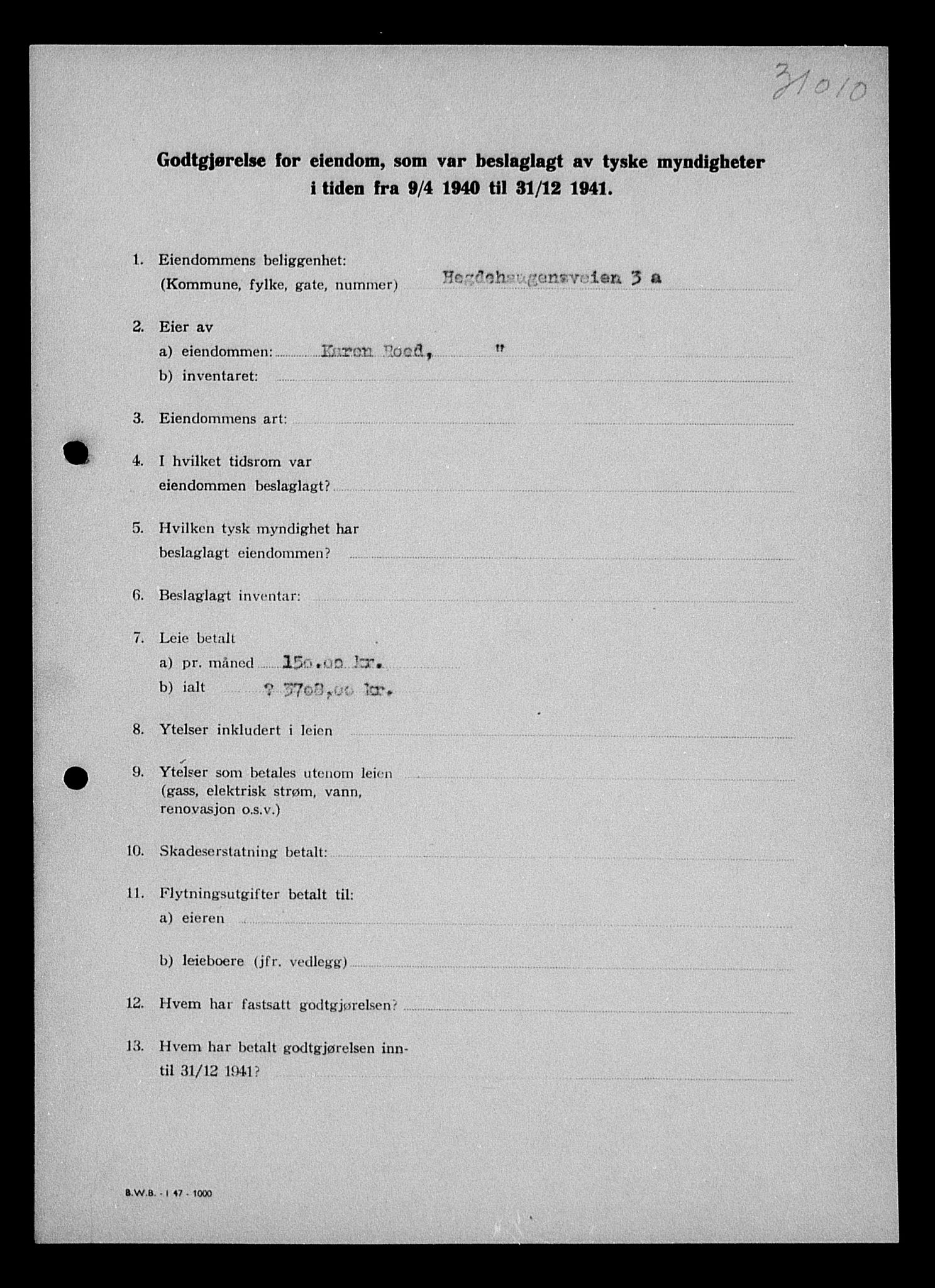 Justisdepartementet, Tilbakeføringskontoret for inndratte formuer, RA/S-1564/I/L1011: Godtgjørelse for beslaglagt eiendom, 1940-1941, s. 515