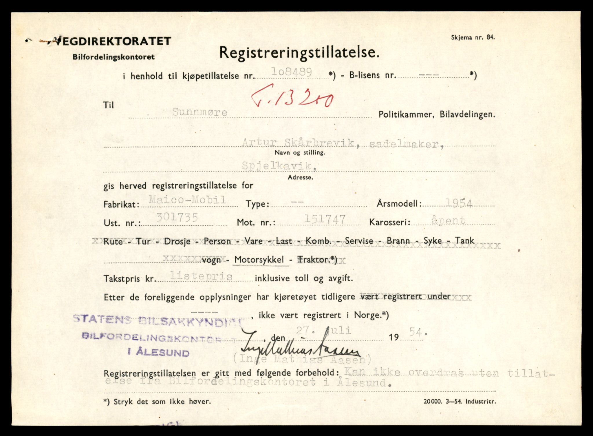 Møre og Romsdal vegkontor - Ålesund trafikkstasjon, AV/SAT-A-4099/F/Fe/L0038: Registreringskort for kjøretøy T 13180 - T 13360, 1927-1998, s. 301