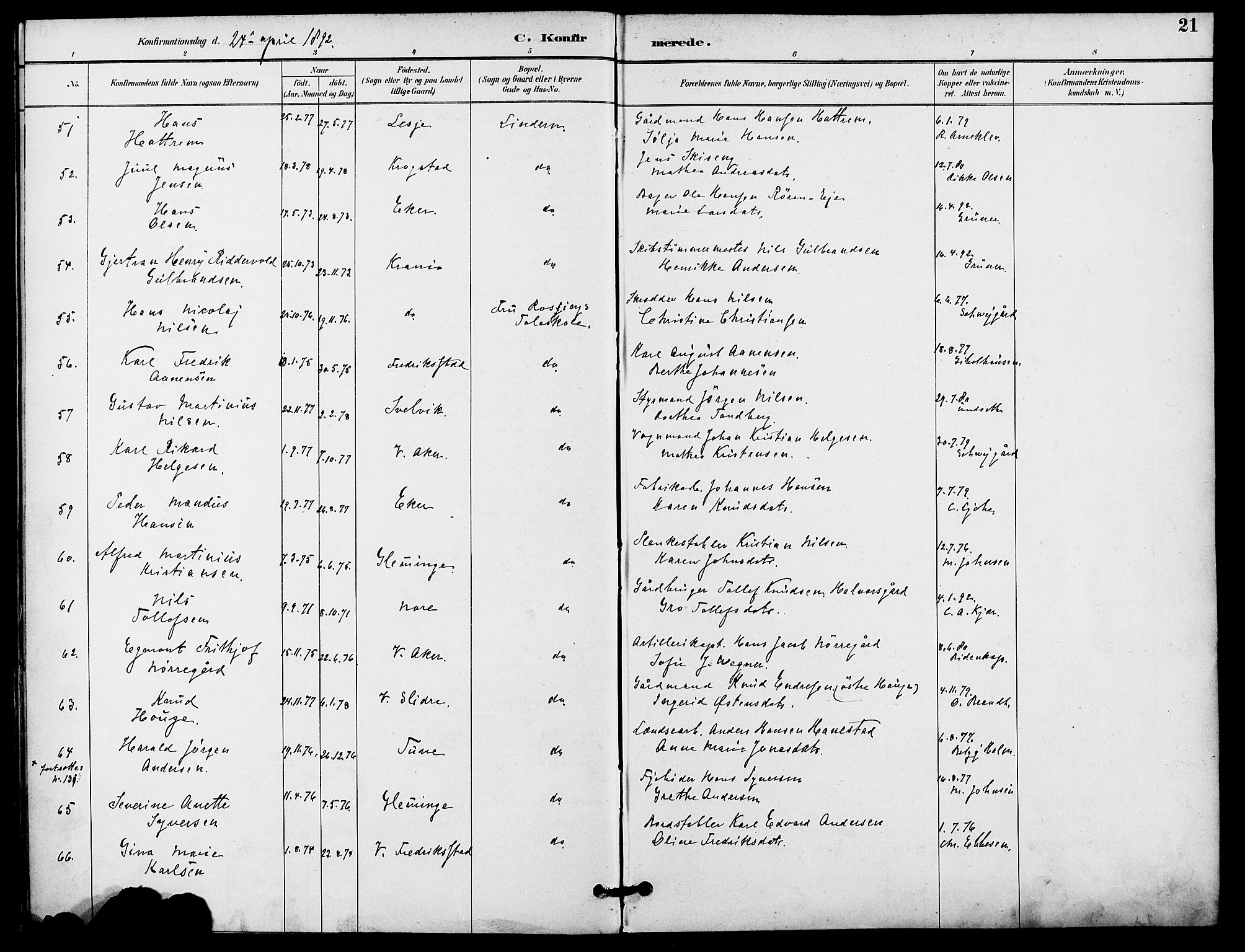 Gamle Aker prestekontor Kirkebøker, AV/SAO-A-10617a/F/L0009: Ministerialbok nr. 9, 1890-1898, s. 21