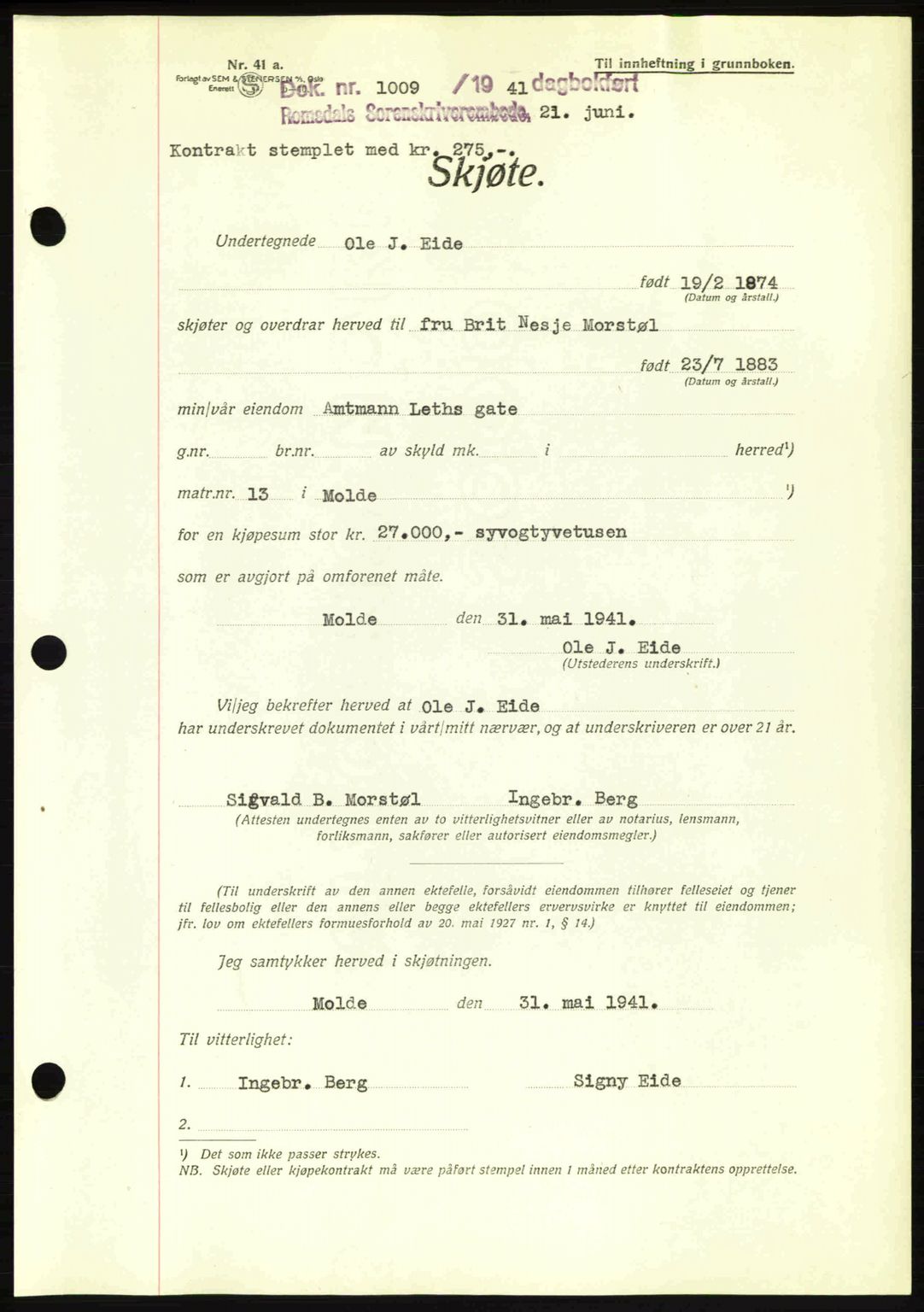 Romsdal sorenskriveri, AV/SAT-A-4149/1/2/2C: Pantebok nr. A10, 1941-1941, Dagboknr: 1009/1941