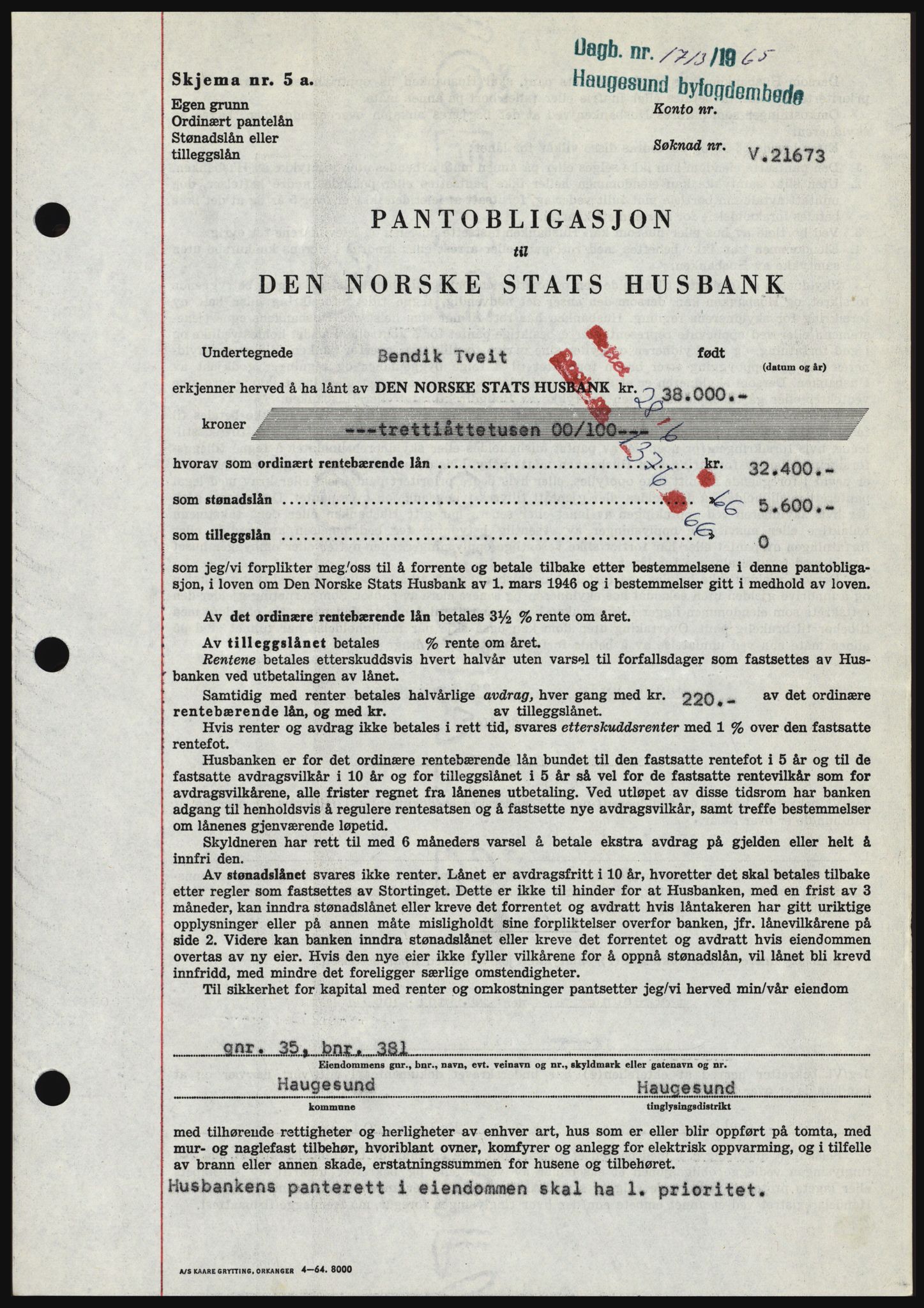 Haugesund tingrett, SAST/A-101415/01/II/IIC/L0053: Pantebok nr. B 53, 1965-1965, Dagboknr: 1713/1965