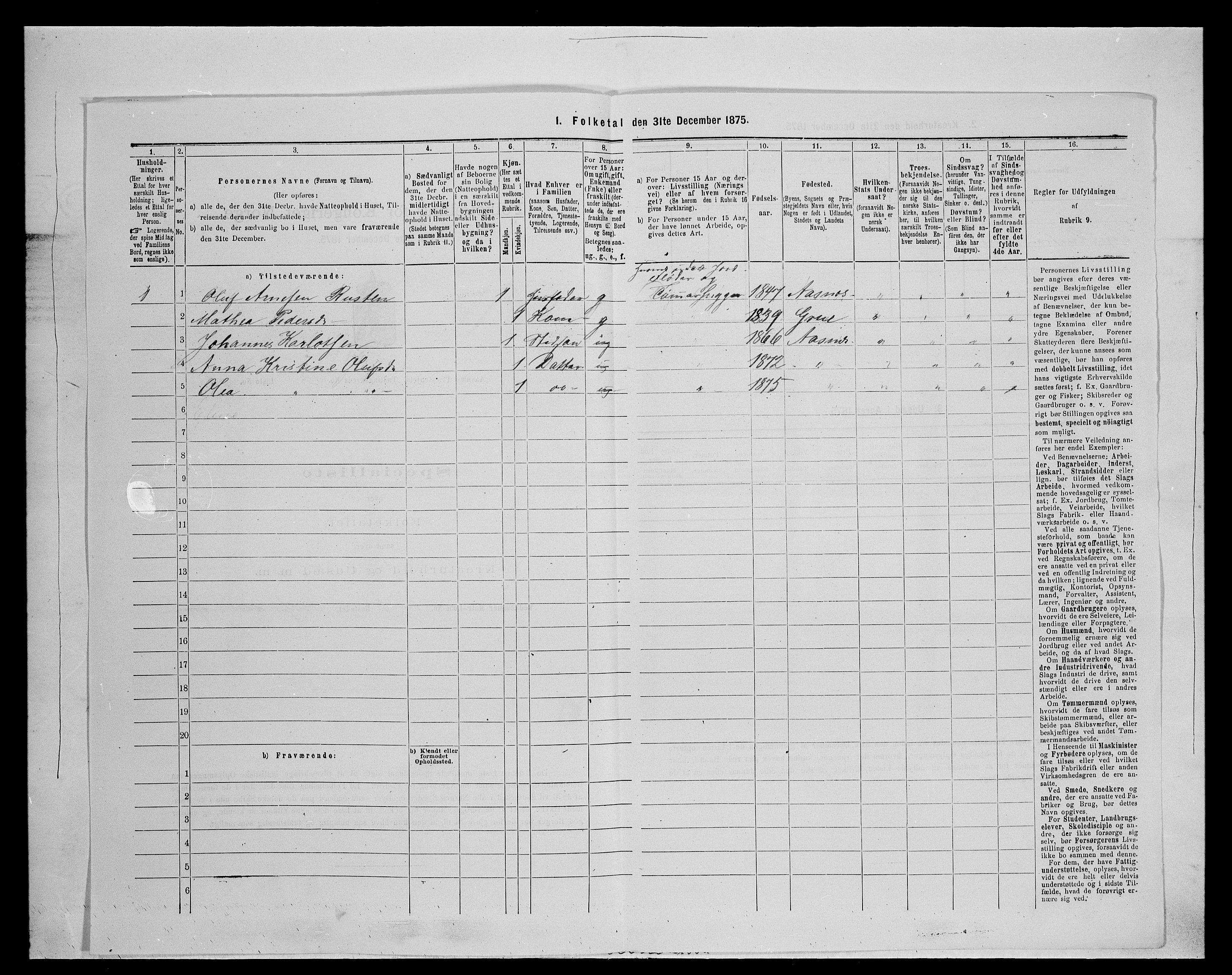 SAH, Folketelling 1875 for 0425P Åsnes prestegjeld, 1875, s. 321