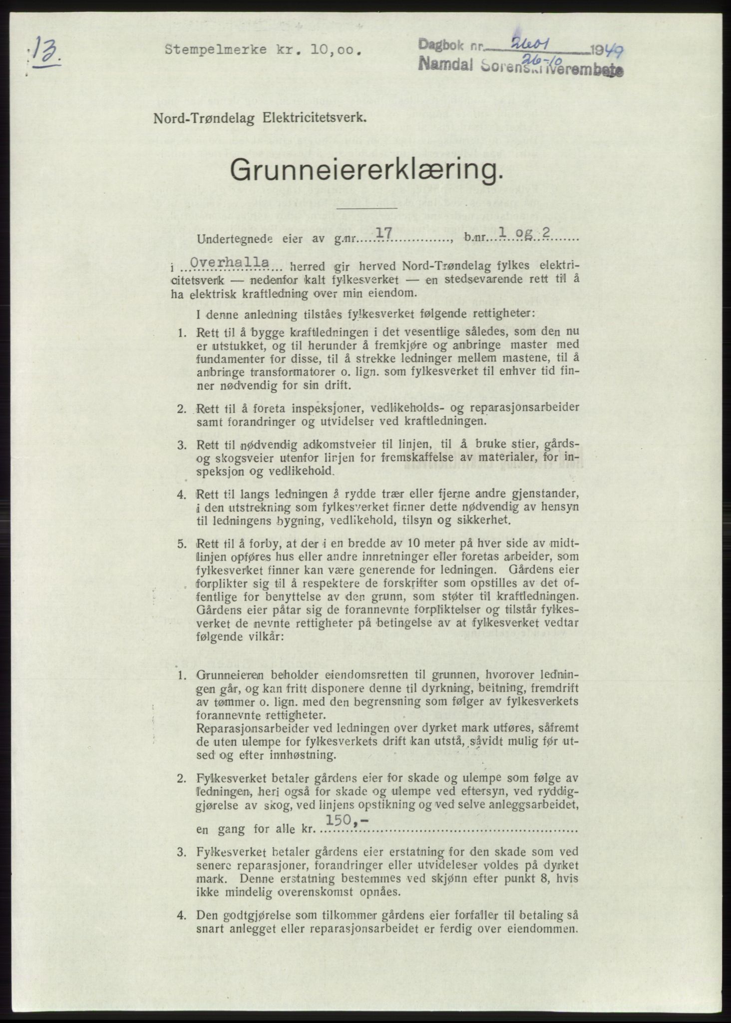 Namdal sorenskriveri, SAT/A-4133/1/2/2C: Pantebok nr. -, 1949-1949, Dagboknr: 2601/1949