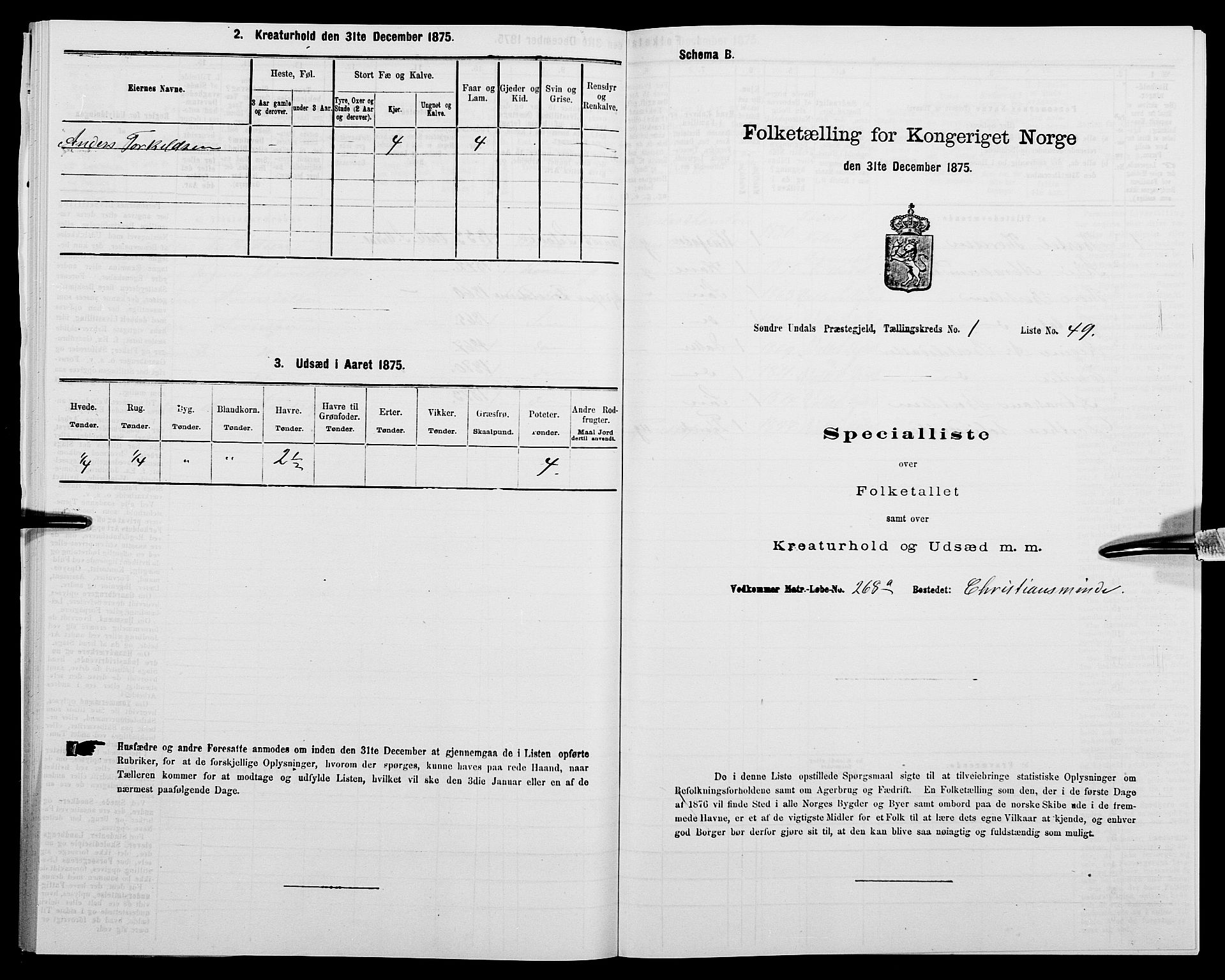 SAK, Folketelling 1875 for 1029P Sør-Audnedal prestegjeld, 1875, s. 191