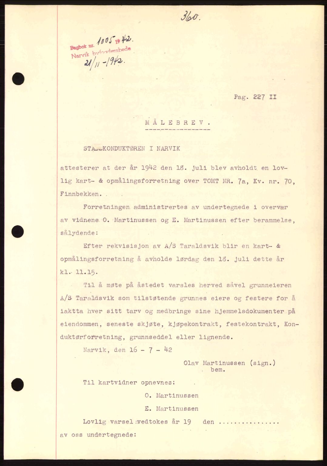 Narvik sorenskriveri, SAT/A-0002/1/2/2C/2Ca: Pantebok nr. A19, 1942-1943, Dagboknr: 1005/1942
