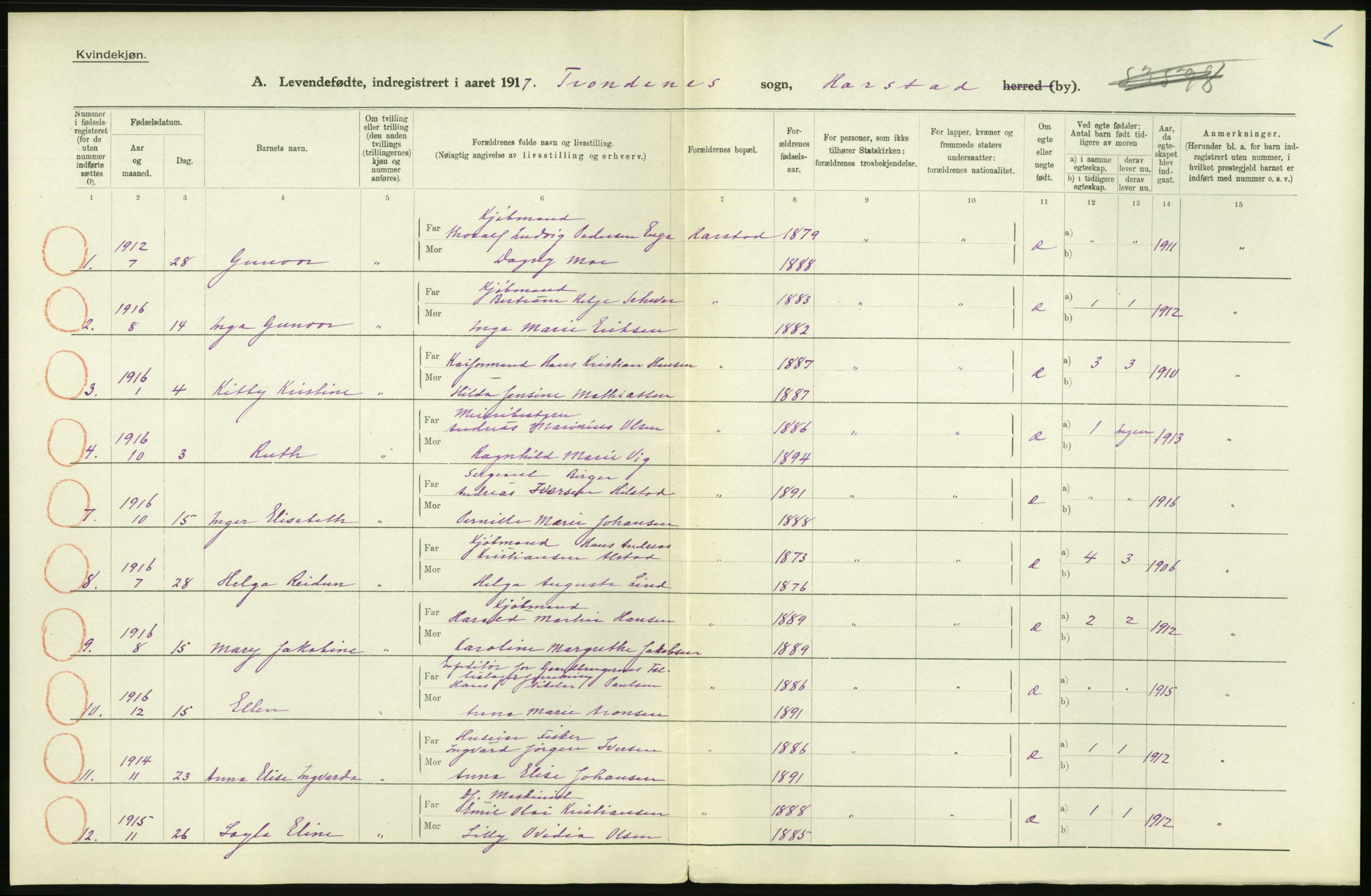 Statistisk sentralbyrå, Sosiodemografiske emner, Befolkning, AV/RA-S-2228/D/Df/Dfb/Dfbg/L0053: Tromsø amt: Levendefødte menn og kvinner. Bygder og byer., 1917, s. 116