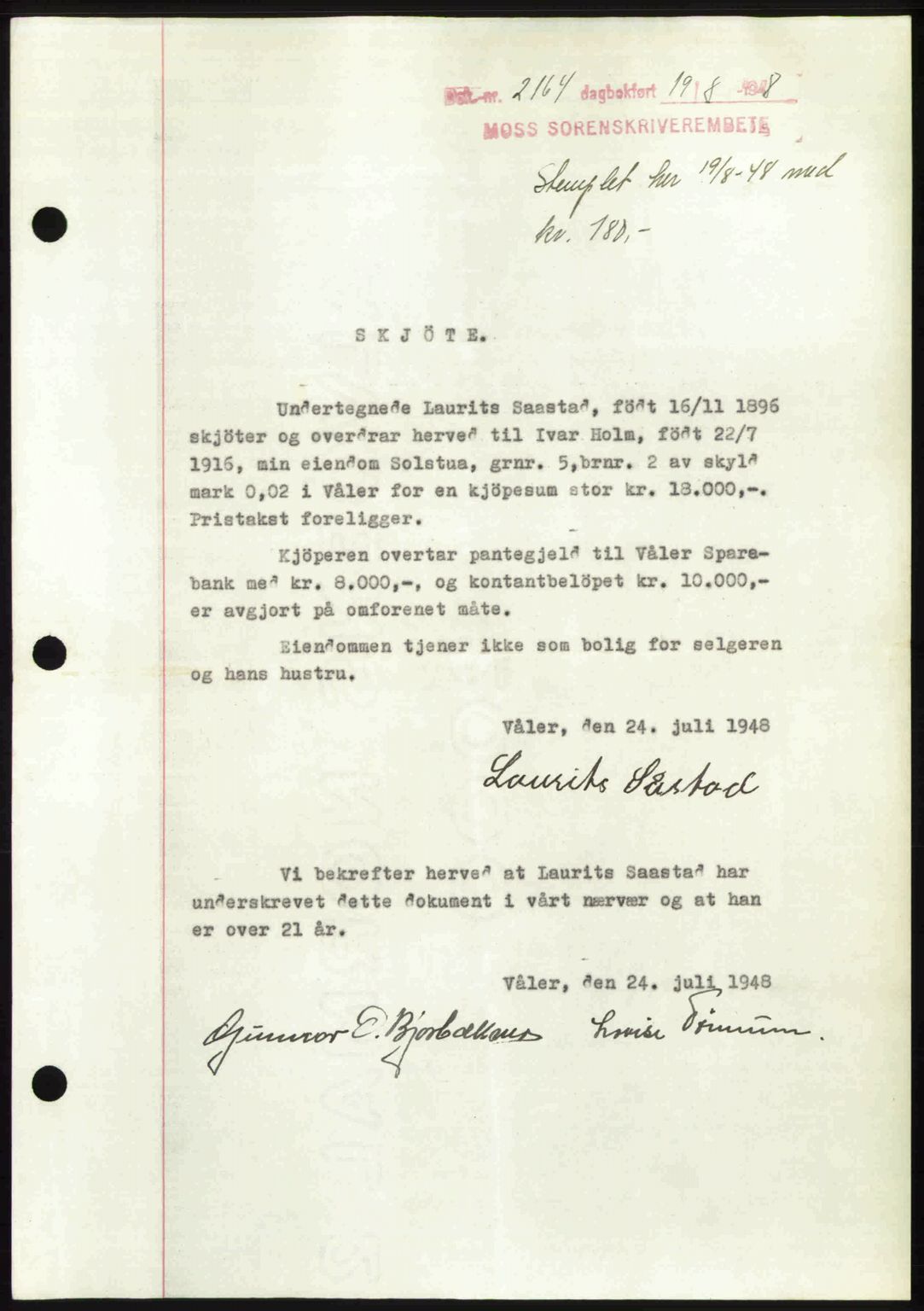 Moss sorenskriveri, SAO/A-10168: Pantebok nr. A20, 1948-1948, Dagboknr: 2164/1948