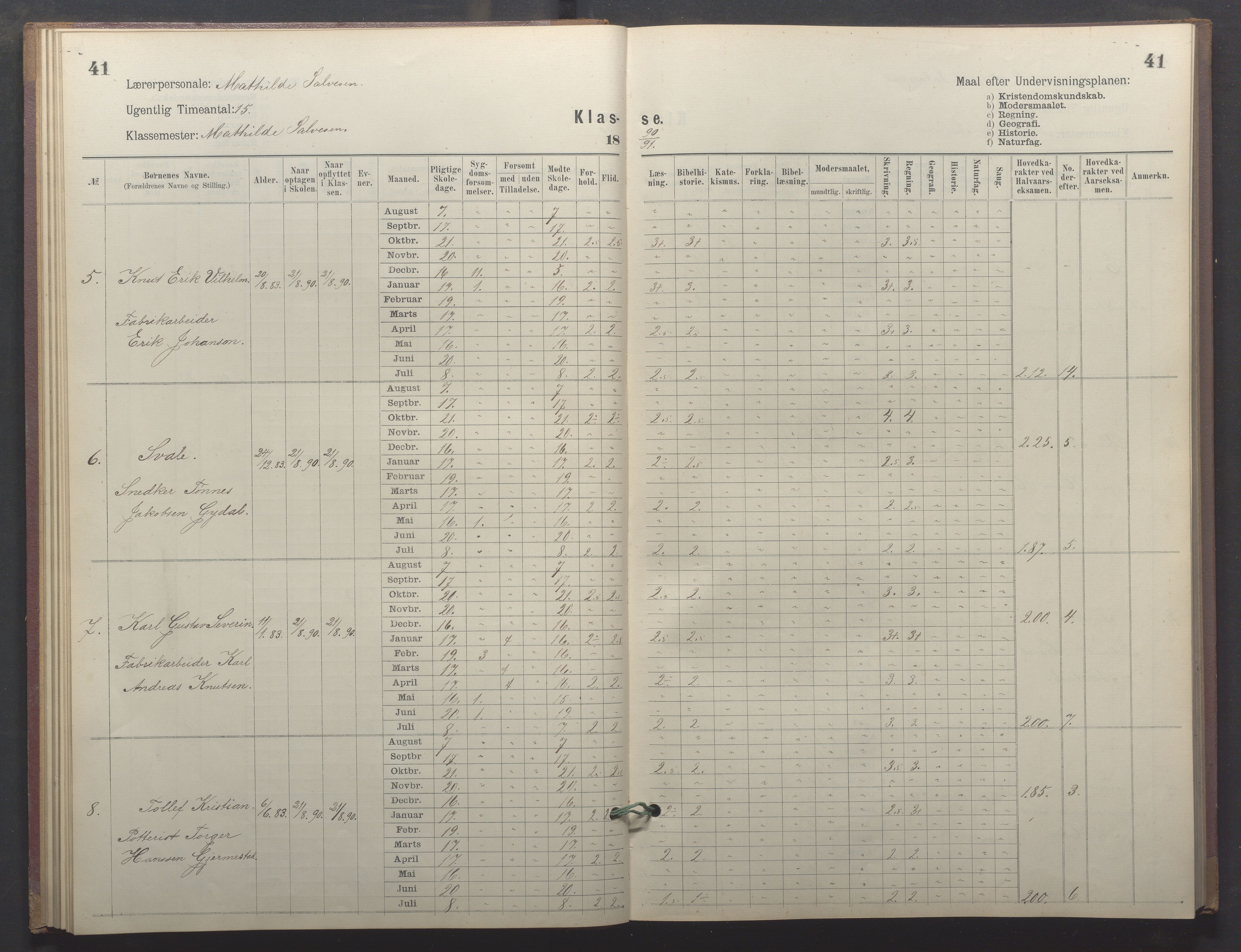 Egersund kommune (Ladested) - Egersund almueskole/folkeskole, IKAR/K-100521/H/L0026: Skoleprotokoll - Almueskolen, 1. klasse, 1889-1893, s. 41