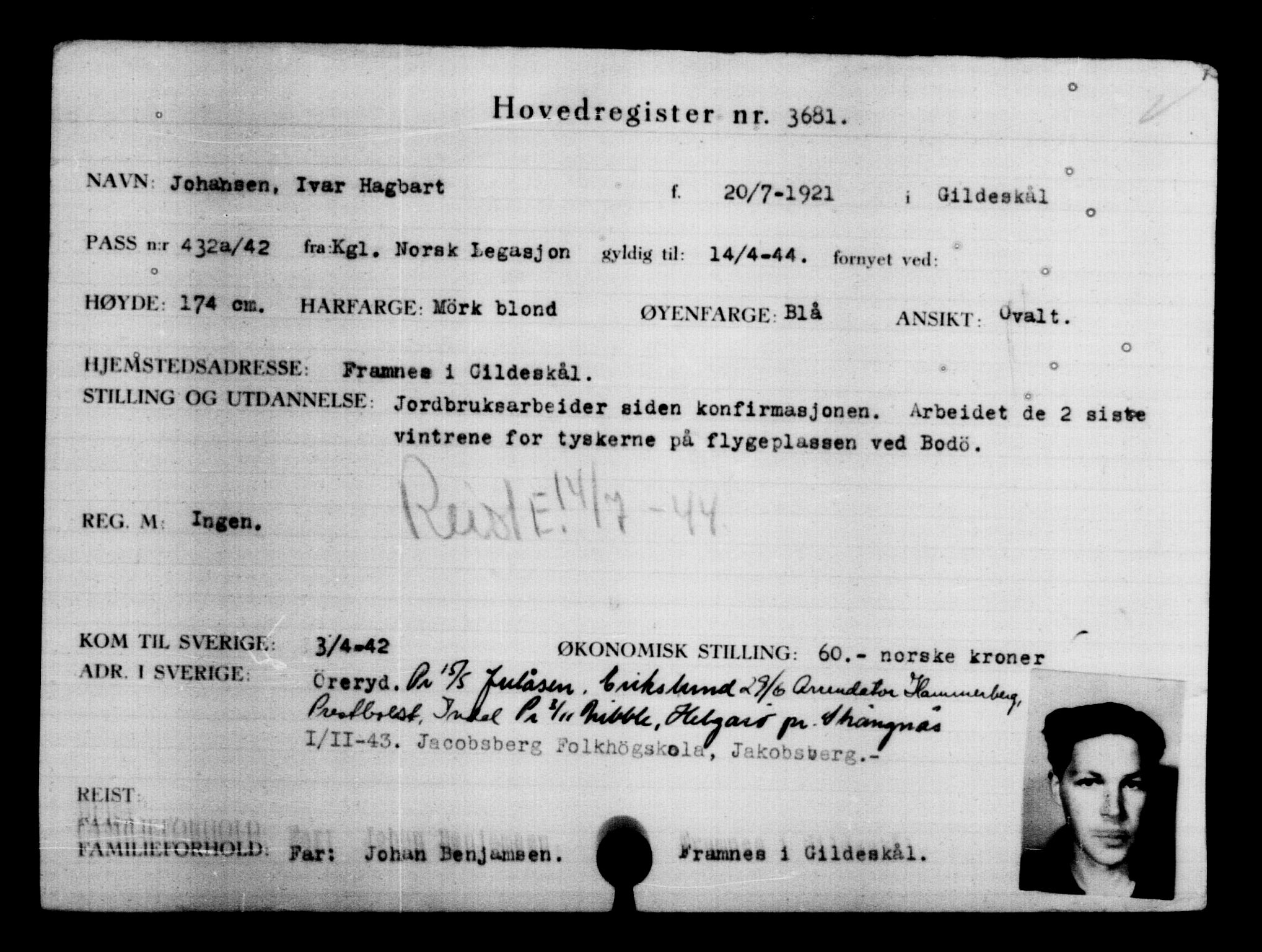 Utenriksstasjonene, Legasjonen i Stockholm, Flyktningkontoret, AV/RA-S-6753/V/Va/L0004: Kjesäterkartoteket, flyktninger med registreringsnr. 3496-6610, 1940-1945, s. 213