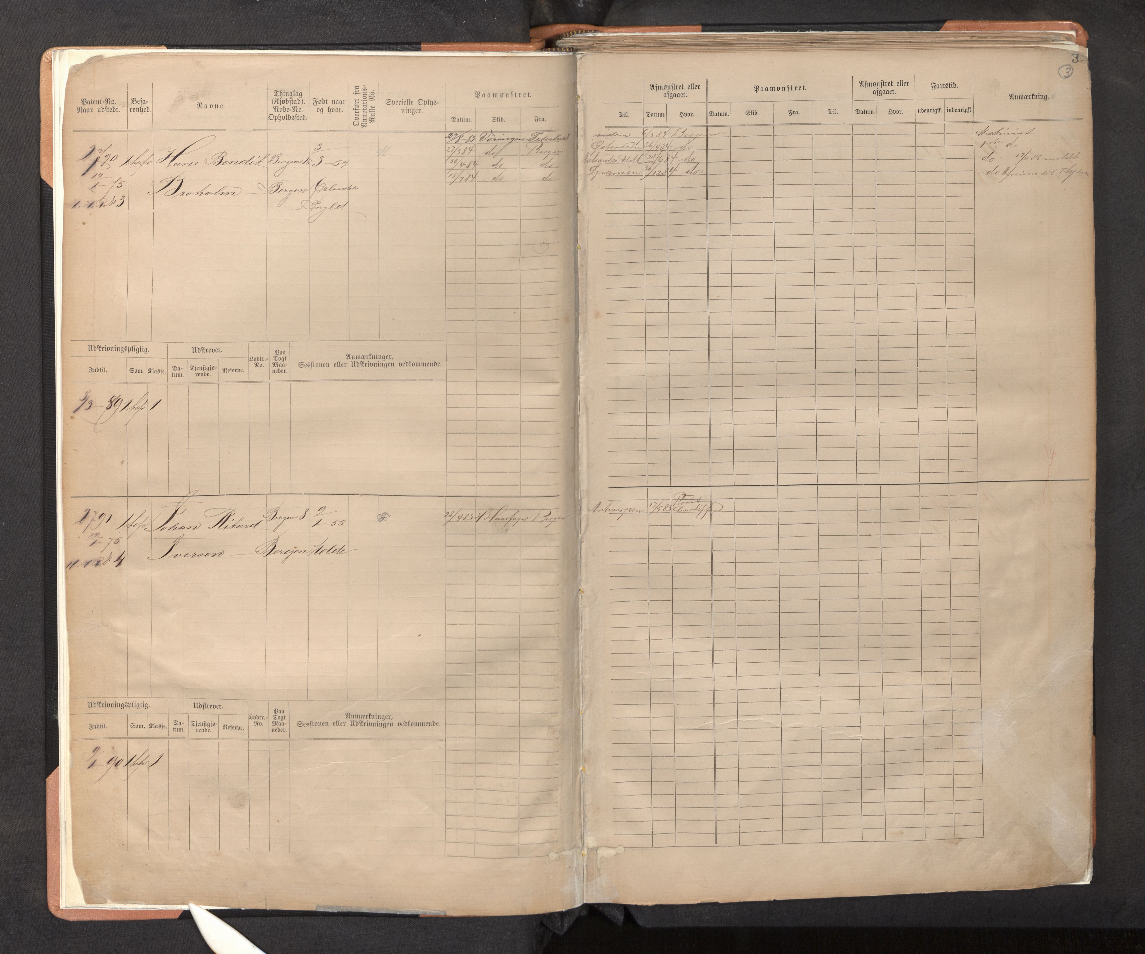 Innrulleringssjefen i Bergen, AV/SAB-A-100050/F/Fe/L0001: Sjøfartshovedrulle B, nr. 1 - 386, 1883-1890, s. 3
