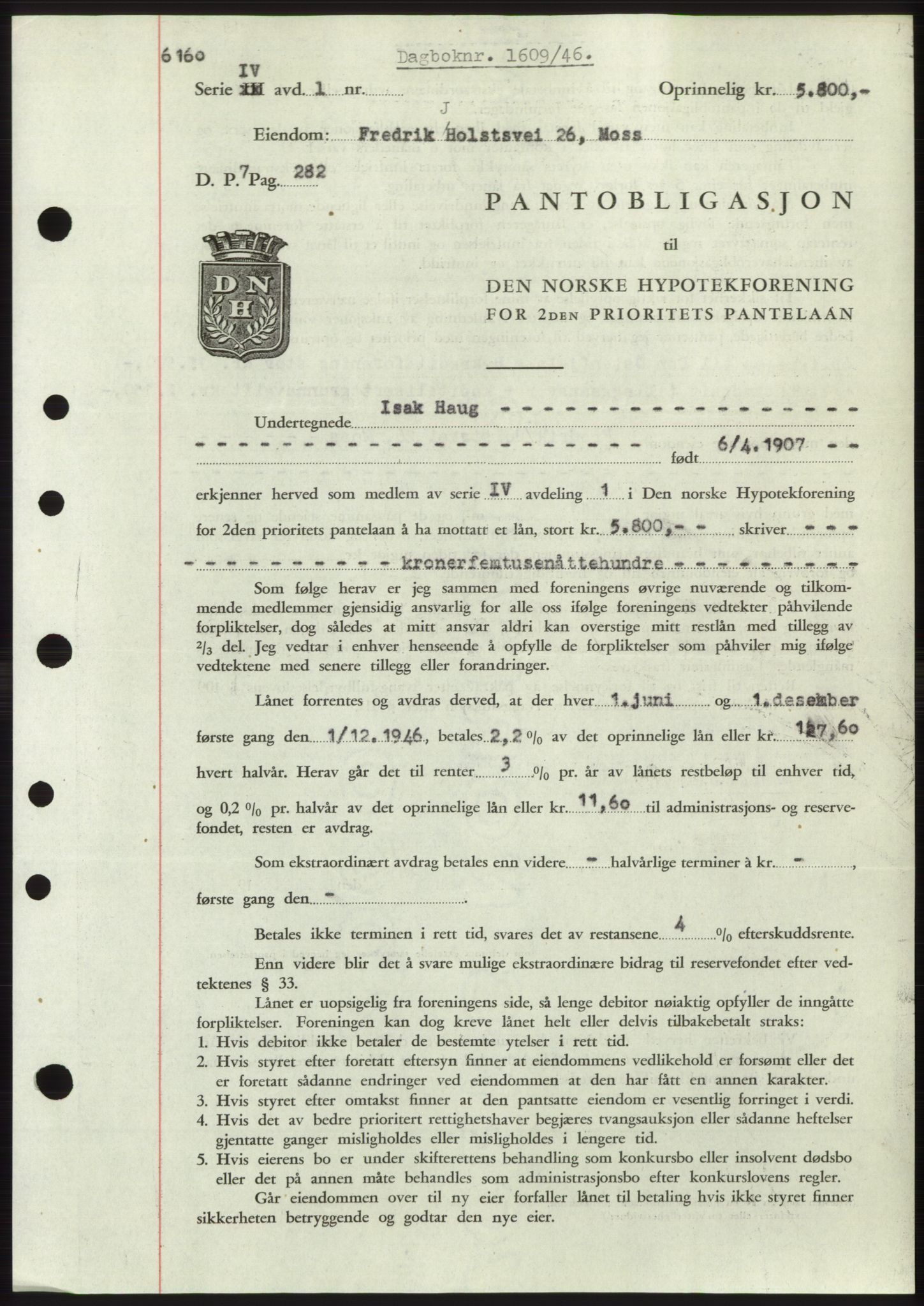 Moss sorenskriveri, SAO/A-10168: Pantebok nr. B15, 1946-1946, Dagboknr: 1609/1946