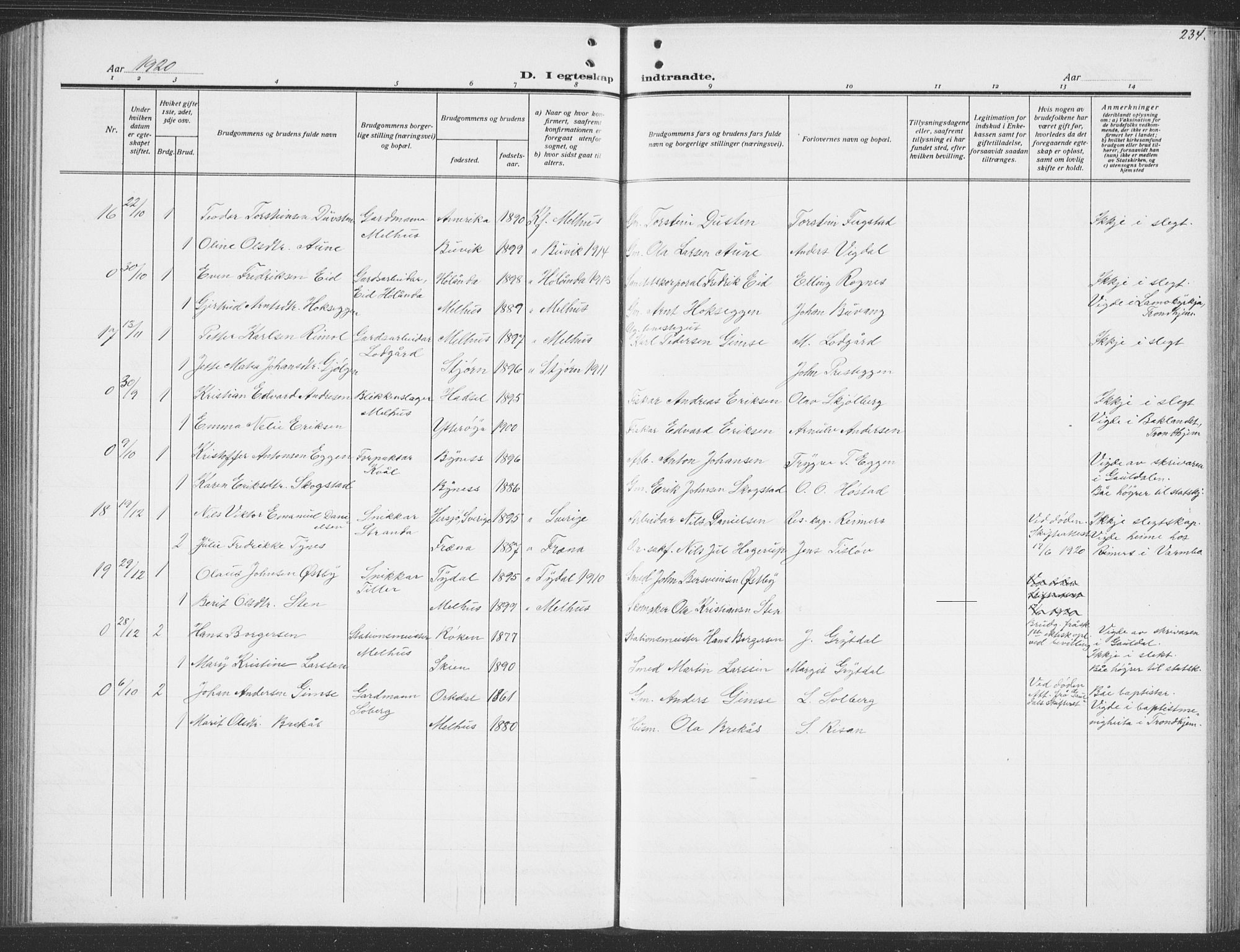 Ministerialprotokoller, klokkerbøker og fødselsregistre - Sør-Trøndelag, SAT/A-1456/691/L1095: Klokkerbok nr. 691C06, 1912-1933, s. 234
