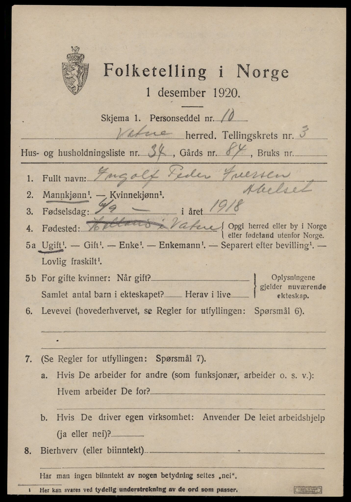 SAT, Folketelling 1920 for 1530 Vatne herred, 1920, s. 1806