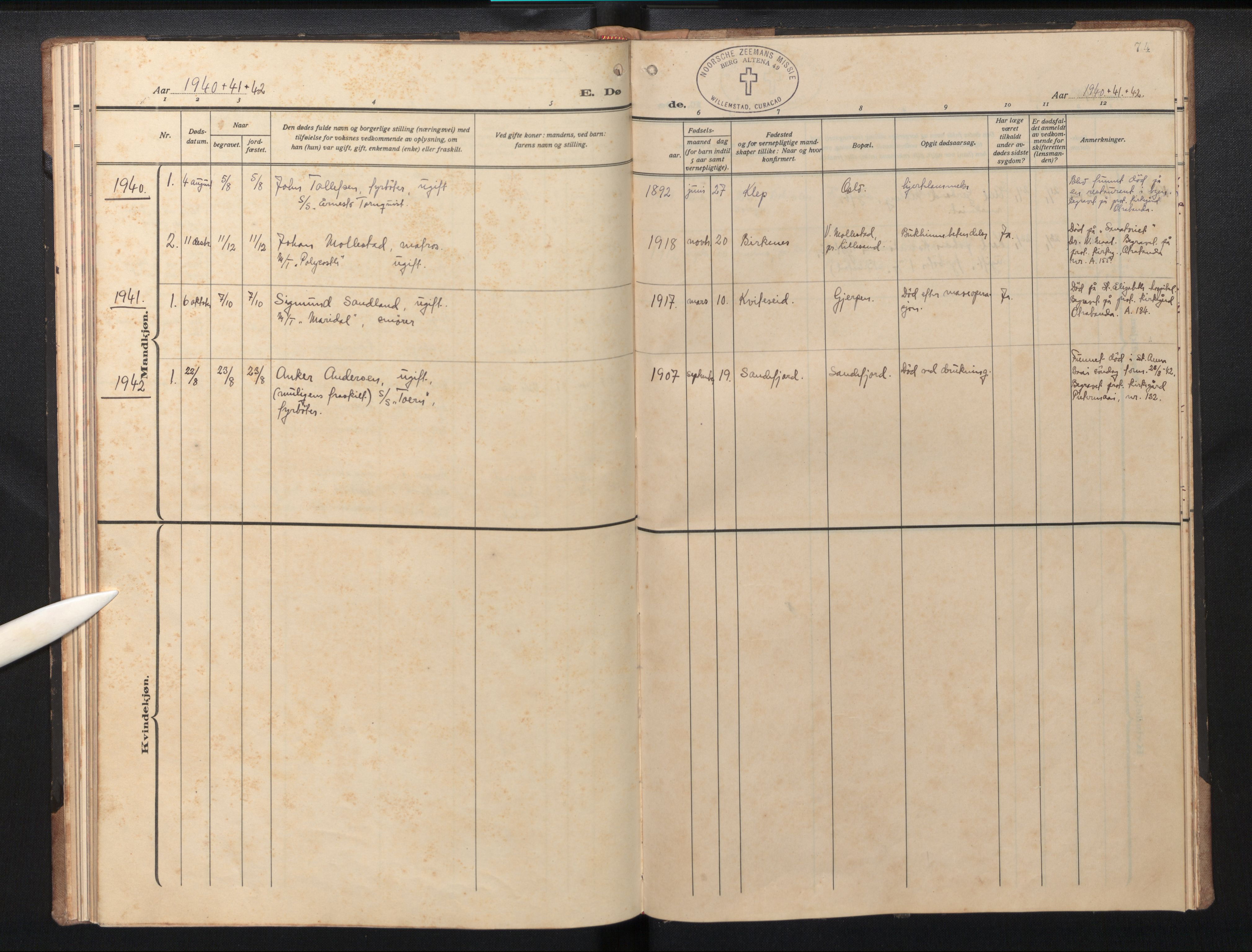 Den norske sjømannsmisjon i utlandet/Curacao, AV/SAB-SAB/PA-0121/H/Ha/L0001: Ministerialbok nr. A 1, 1936-1963, s. 73b-74a