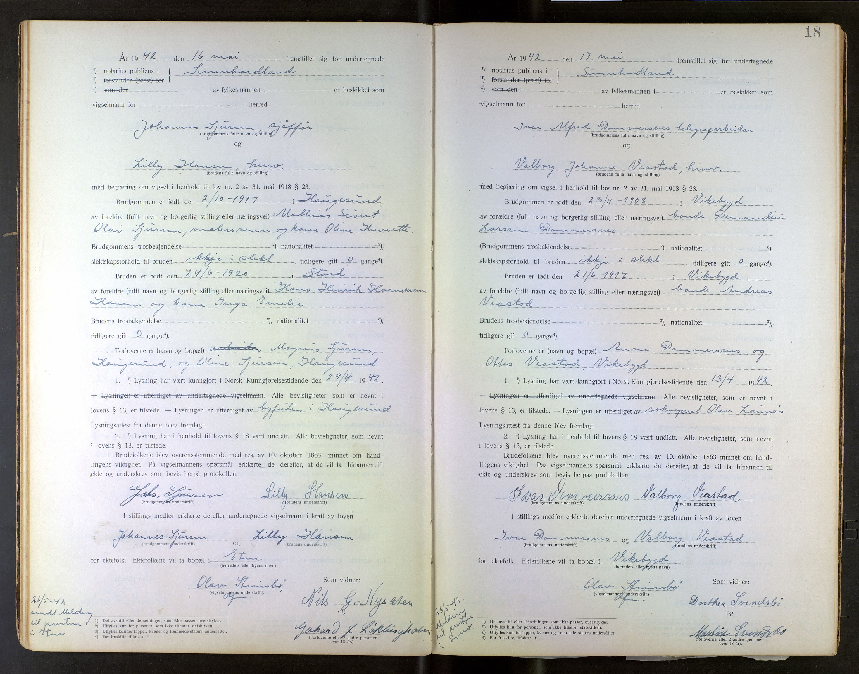 Sunnhordland sorenskrivar, AV/SAB-A-2401/2/I/Ia/L0001: Vigselsbok, 1925-1943, s. 17b-18a