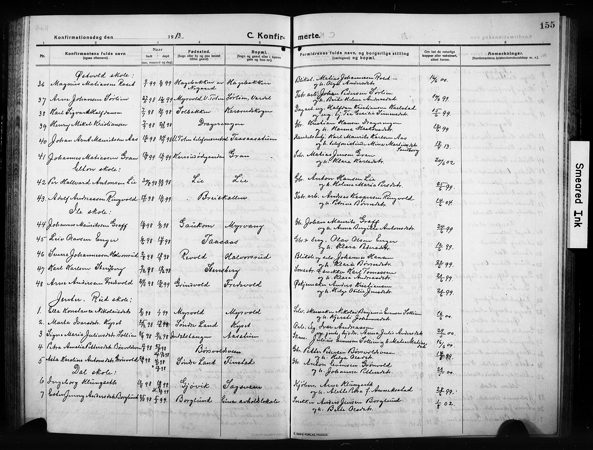 Vestre Toten prestekontor, AV/SAH-PREST-108/H/Ha/Hab/L0012: Klokkerbok nr. 12, 1909-1928, s. 155