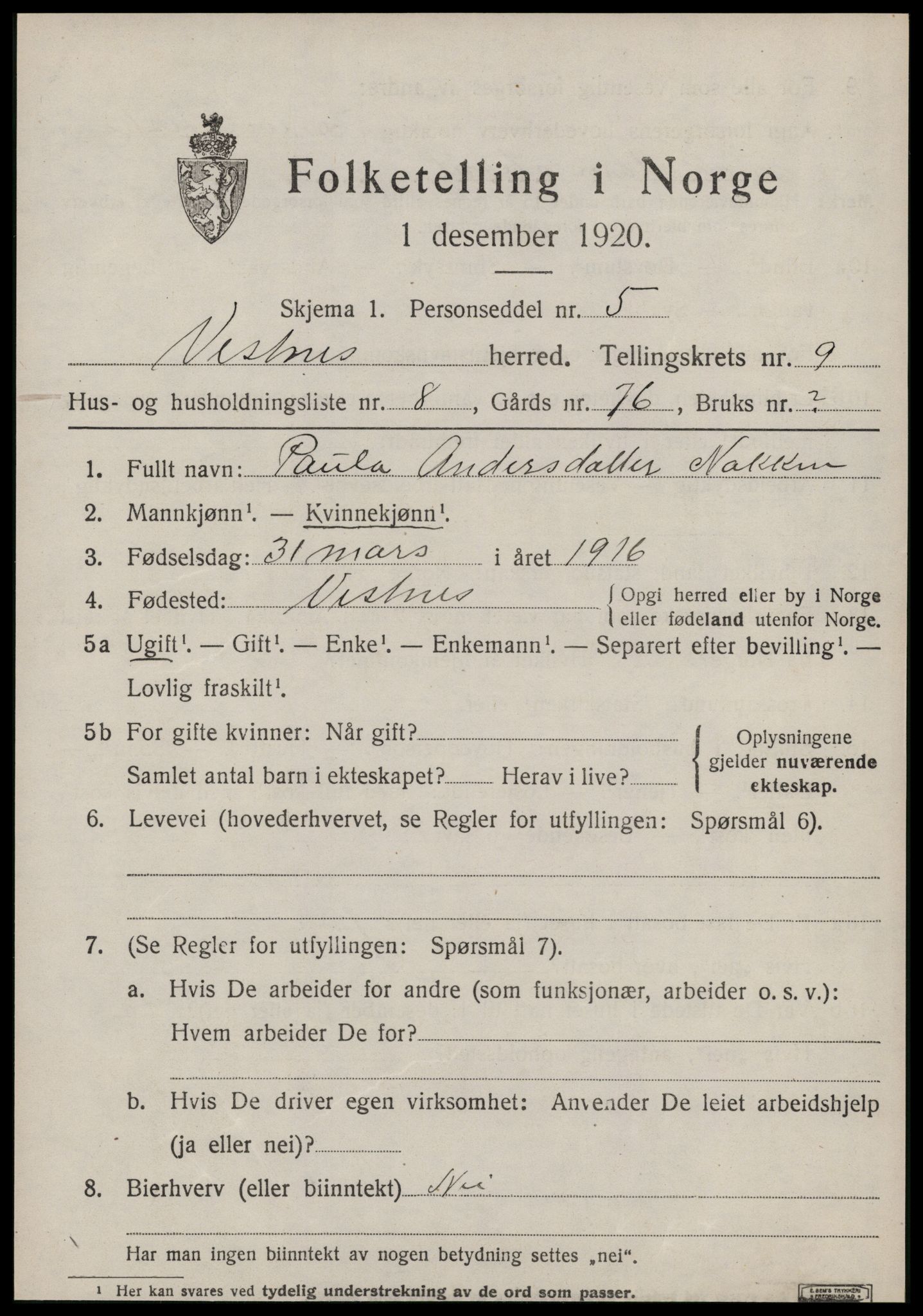 SAT, Folketelling 1920 for 1535 Vestnes herred, 1920, s. 6073