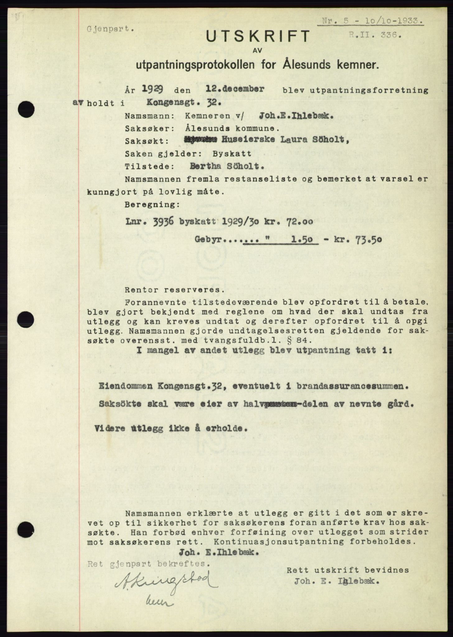 Ålesund byfogd, AV/SAT-A-4384: Pantebok nr. 31, 1933-1934, Tingl.dato: 10.10.1933