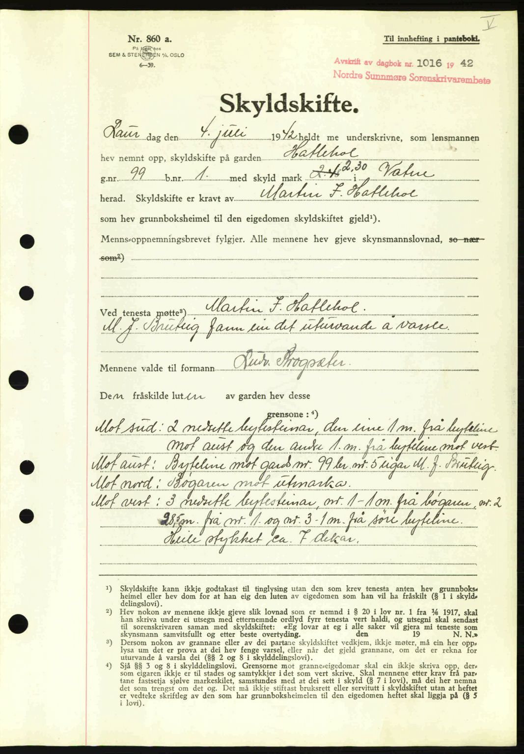 Nordre Sunnmøre sorenskriveri, SAT/A-0006/1/2/2C/2Ca: Pantebok nr. A13, 1942-1942, Dagboknr: 1016/1942