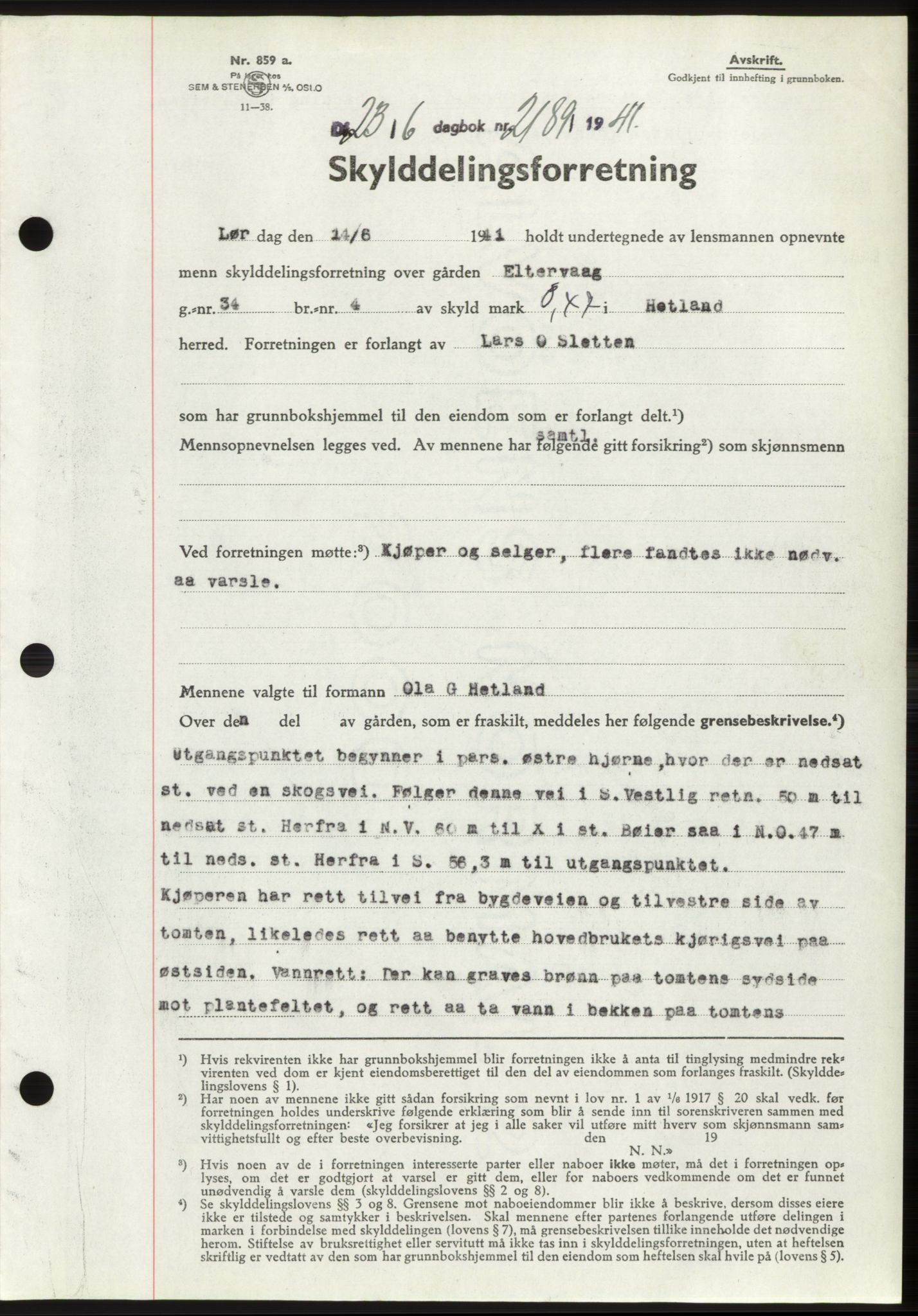 Jæren sorenskriveri, SAST/A-100310/03/G/Gba/L0080: Pantebok, 1941-1941, Dagboknr: 2189/1941