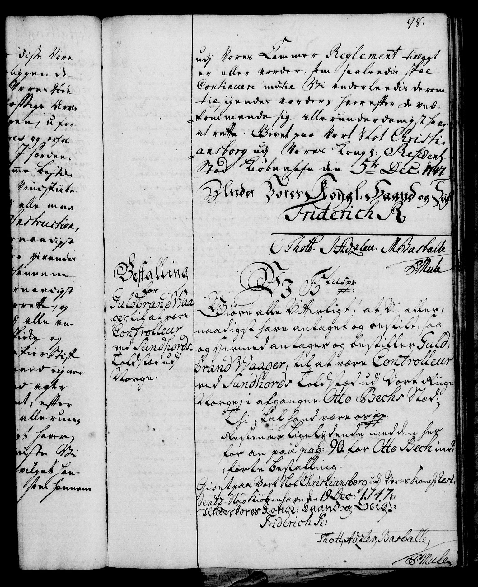 Rentekammeret, Kammerkanselliet, RA/EA-3111/G/Gg/Gge/L0003: Norsk bestallingsprotokoll med register (merket RK 53.27), 1745-1761, s. 98