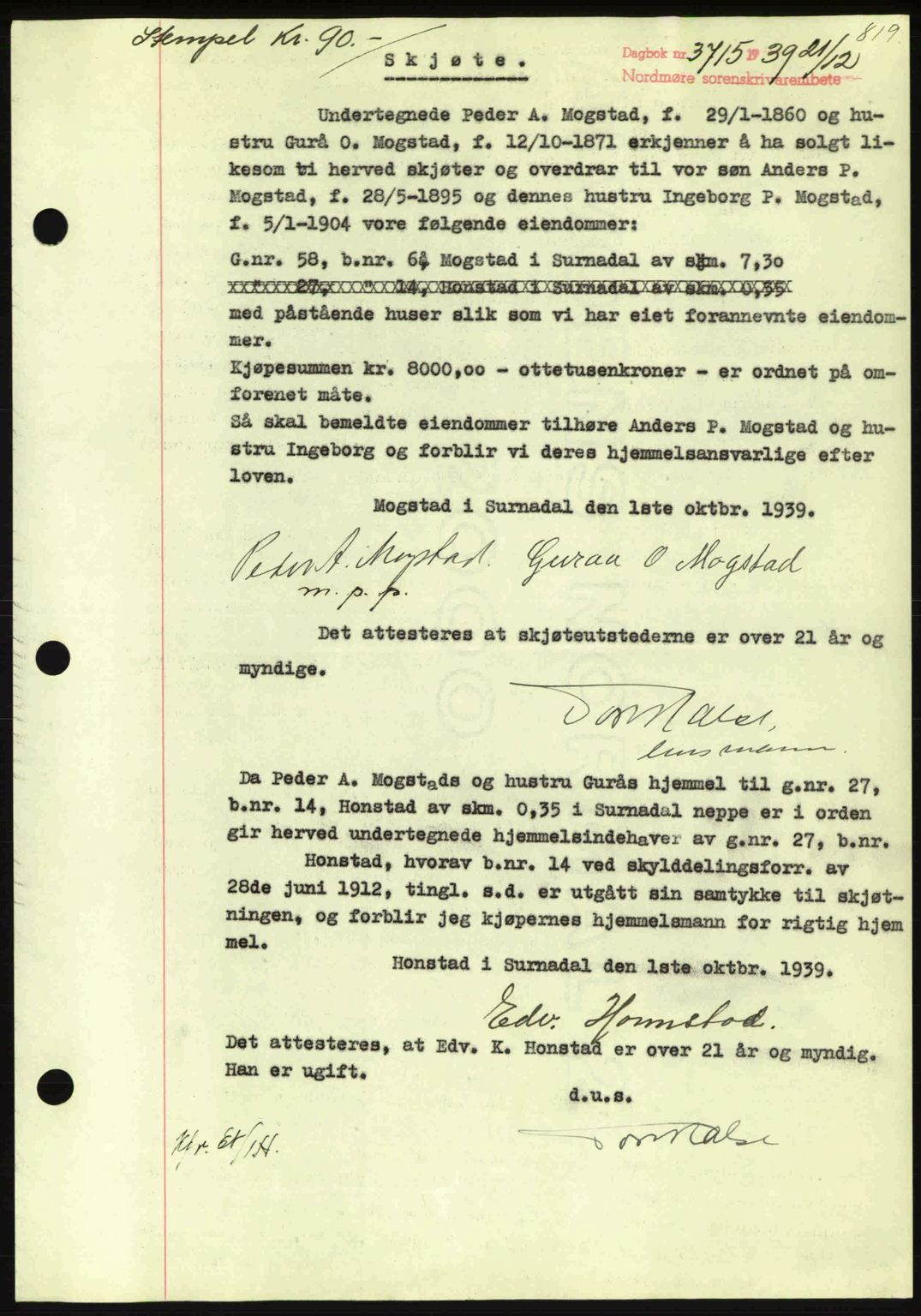 Nordmøre sorenskriveri, SAT/A-4132/1/2/2Ca: Pantebok nr. A87, 1939-1940, Dagboknr: 3715/1939