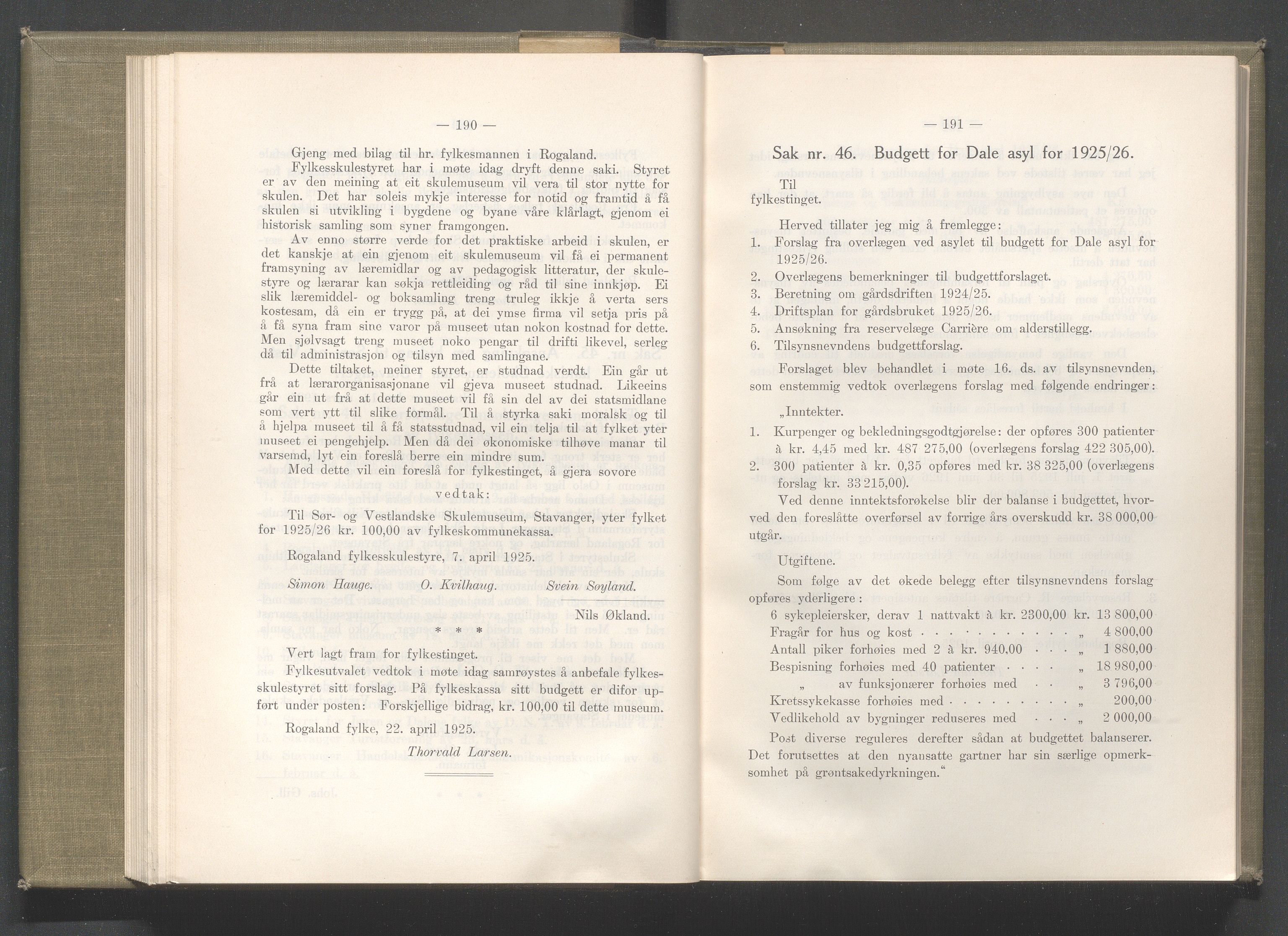 Rogaland fylkeskommune - Fylkesrådmannen , IKAR/A-900/A/Aa/Aaa/L0044: Møtebok , 1925, s. 190-191