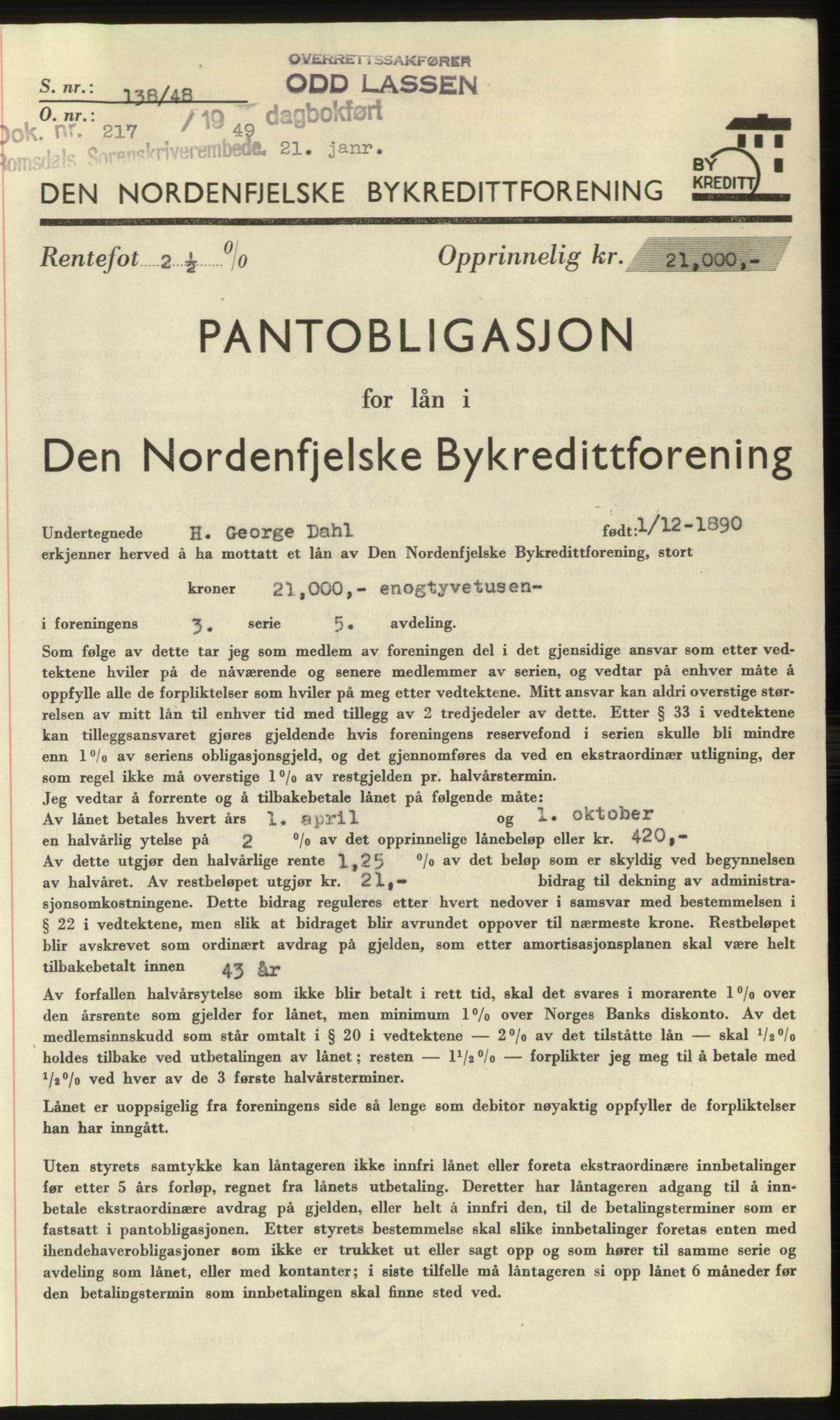 Romsdal sorenskriveri, SAT/A-4149/1/2/2C: Pantebok nr. B4, 1948-1949, Dagboknr: 217/1949