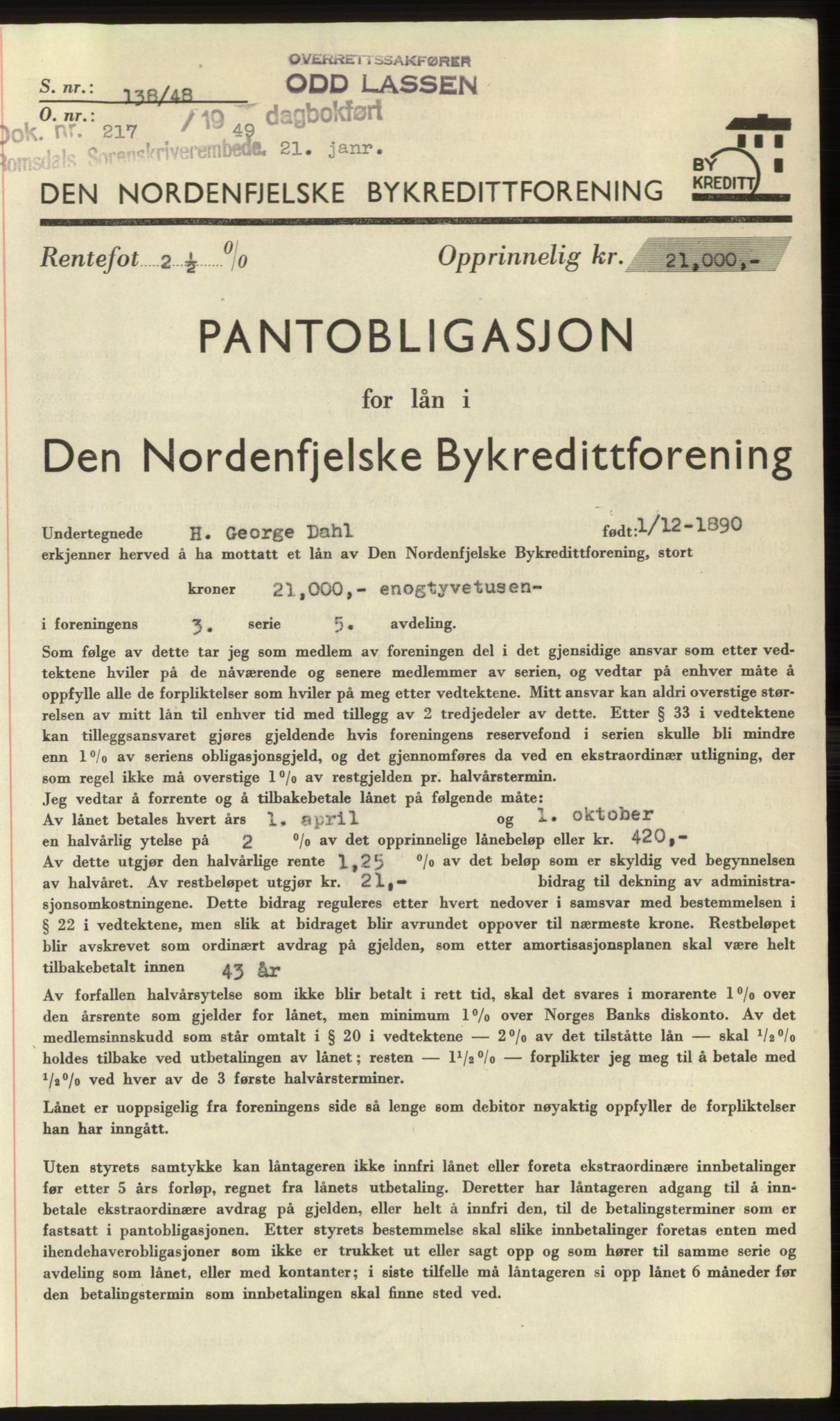 Romsdal sorenskriveri, AV/SAT-A-4149/1/2/2C: Pantebok nr. B4, 1948-1949, Dagboknr: 217/1949