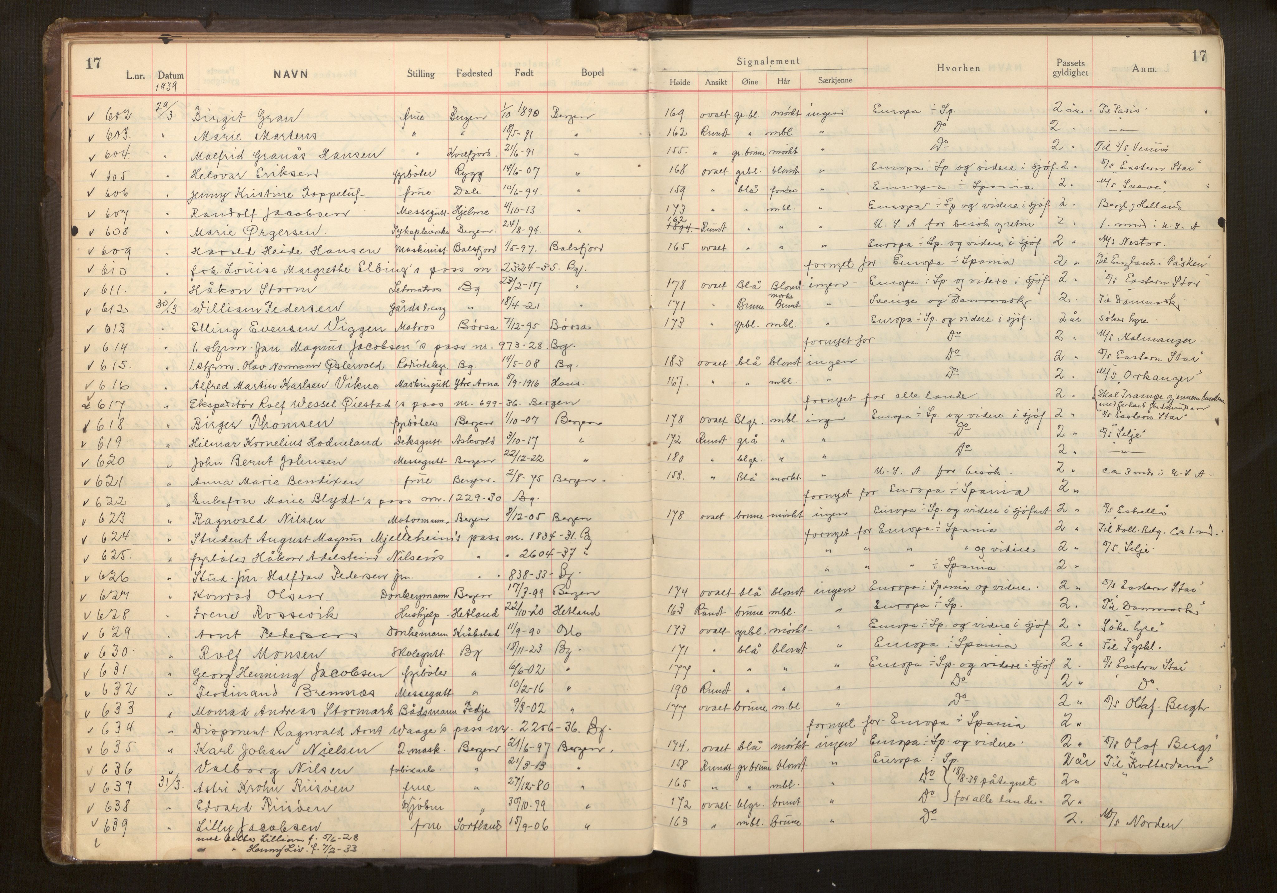 Bergen politikammer / politidistrikt, AV/SAB-A-60401/L/La/Lab/L0015: Passprotokoll, 1939-1946