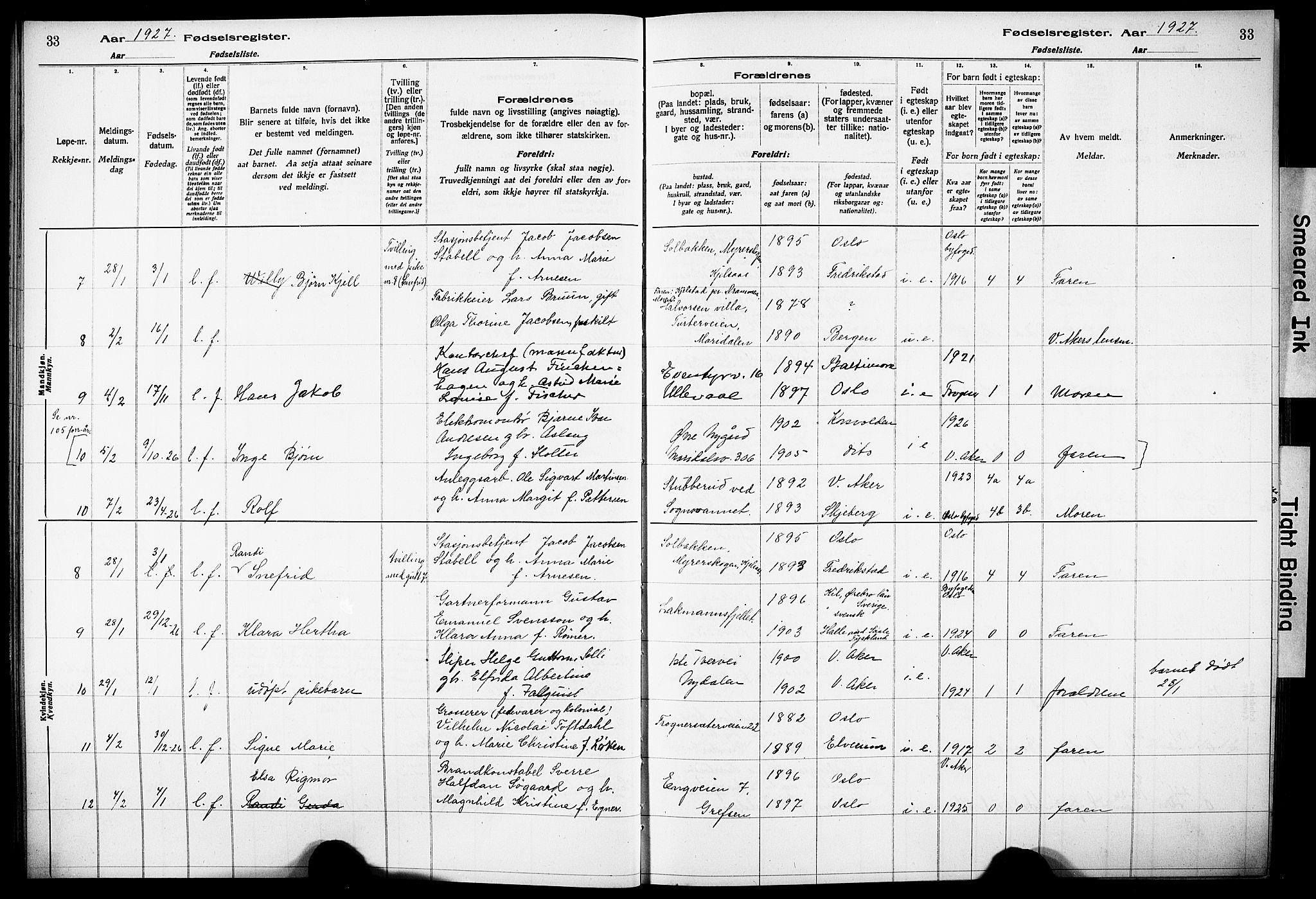 Vestre Aker prestekontor Kirkebøker, AV/SAO-A-10025/J/Ja/L0003: Fødselsregister nr. 3, 1926-1930, s. 33