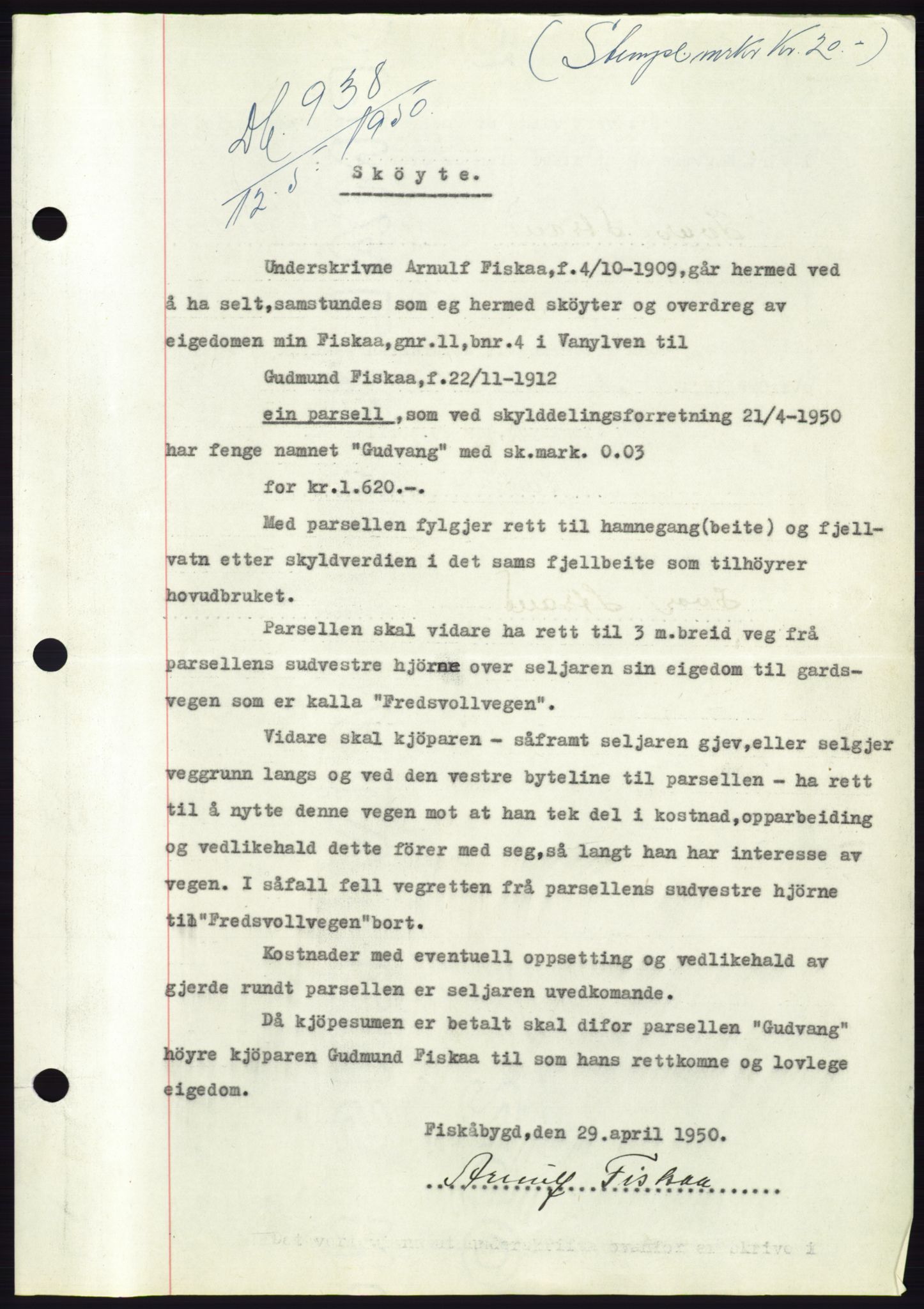 Søre Sunnmøre sorenskriveri, SAT/A-4122/1/2/2C/L0086: Pantebok nr. 12A, 1949-1950, Dagboknr: 938/1950