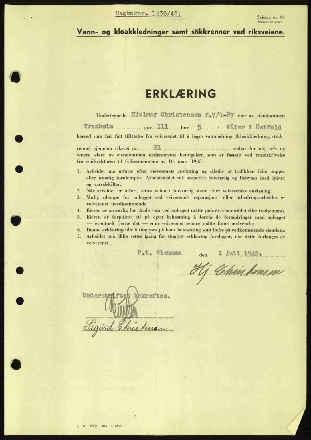 Moss sorenskriveri, SAO/A-10168: Pantebok nr. A10, 1942-1943, Dagboknr: 1339/1942