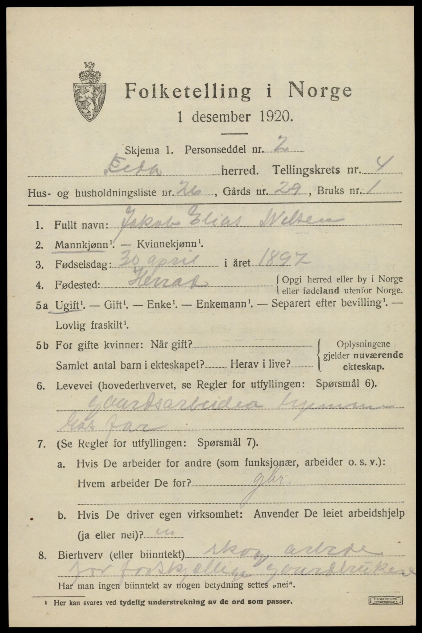 SAK, Folketelling 1920 for 1038 Feda herred, 1920, s. 2045