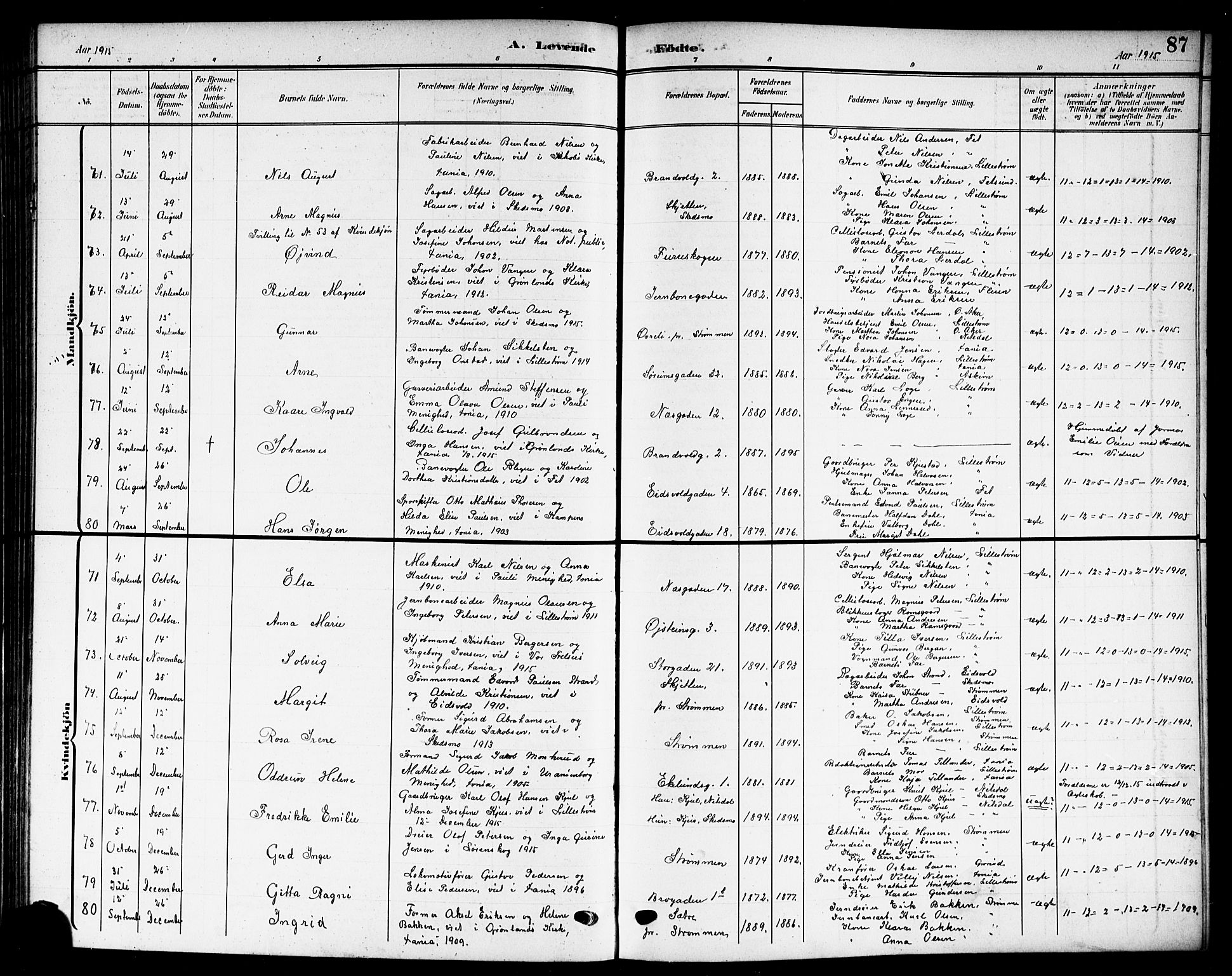 Skedsmo prestekontor Kirkebøker, AV/SAO-A-10033a/G/Gc/L0001: Klokkerbok nr. III 1, 1908-1916, s. 87