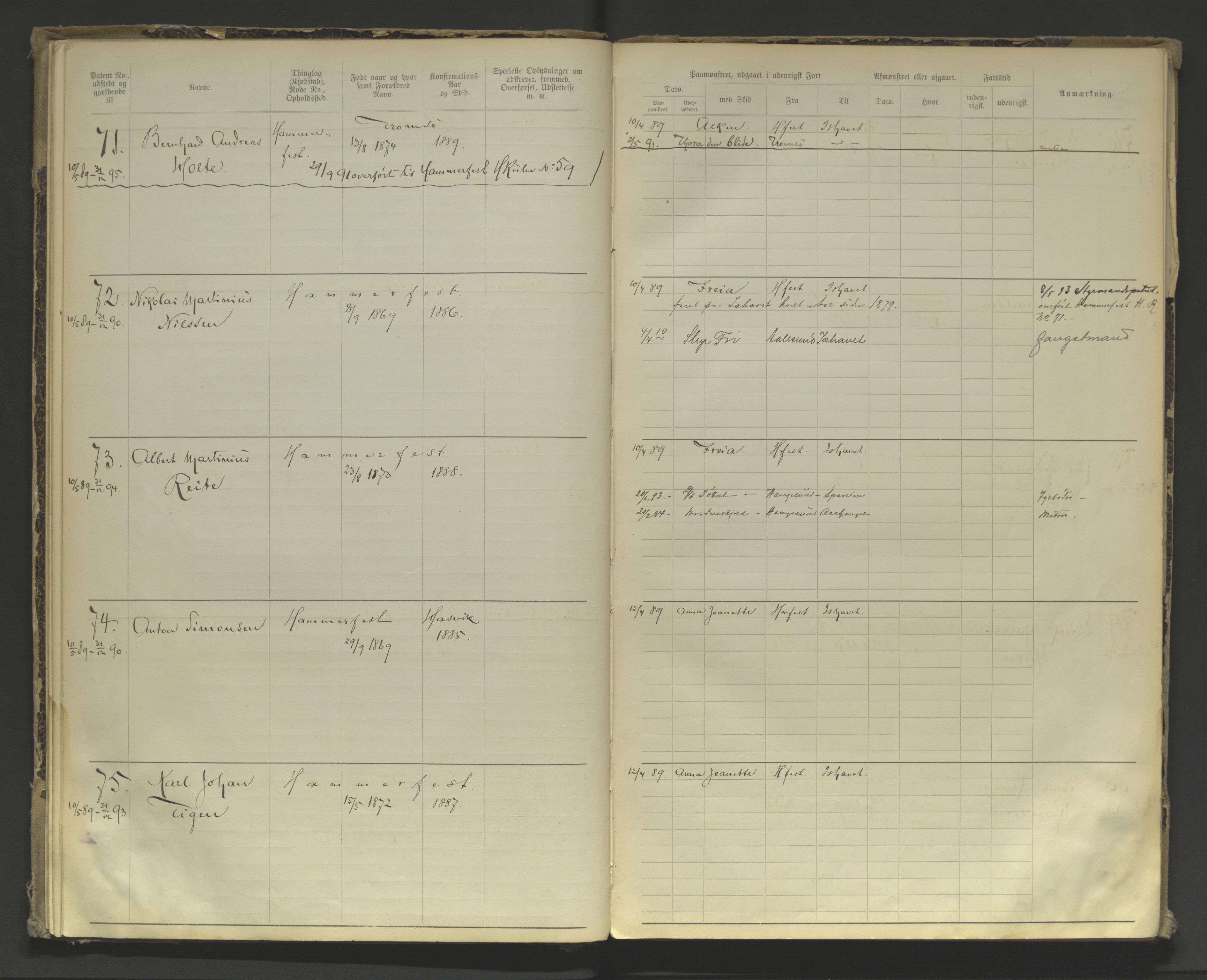 Tromsø sjømannskontor/innrullerings-/mønstringsdistrikt, AV/SATØ-S-0243/F/Fa/L0004: Annotasjonsrulle. Defekt: manglende rygg. Nr. 1-473, 1869-1912