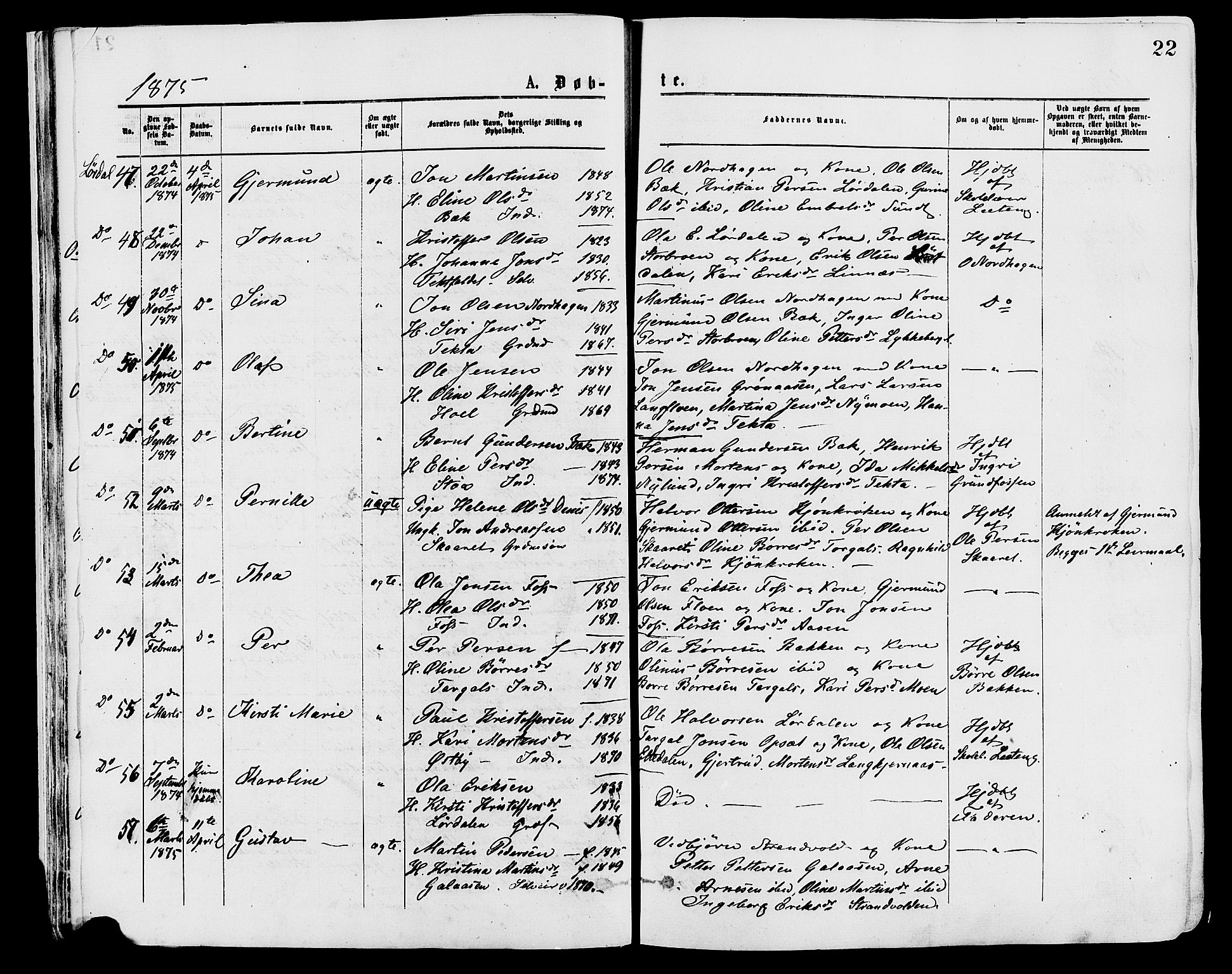 Trysil prestekontor, AV/SAH-PREST-046/H/Ha/Haa/L0007: Ministerialbok nr. 7, 1874-1880, s. 22