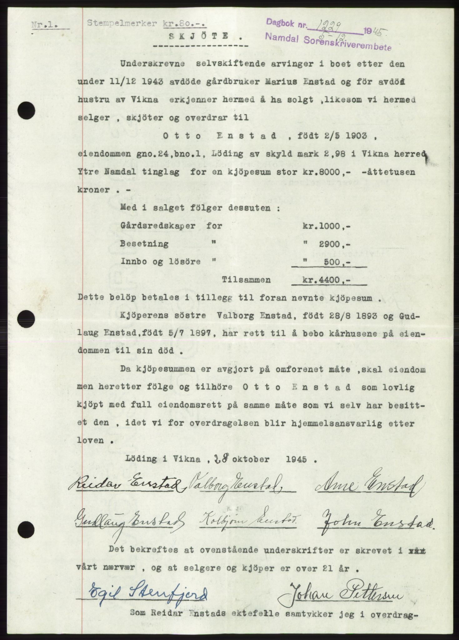 Namdal sorenskriveri, SAT/A-4133/1/2/2C: Pantebok nr. -, 1944-1945, Dagboknr: 1229/1945