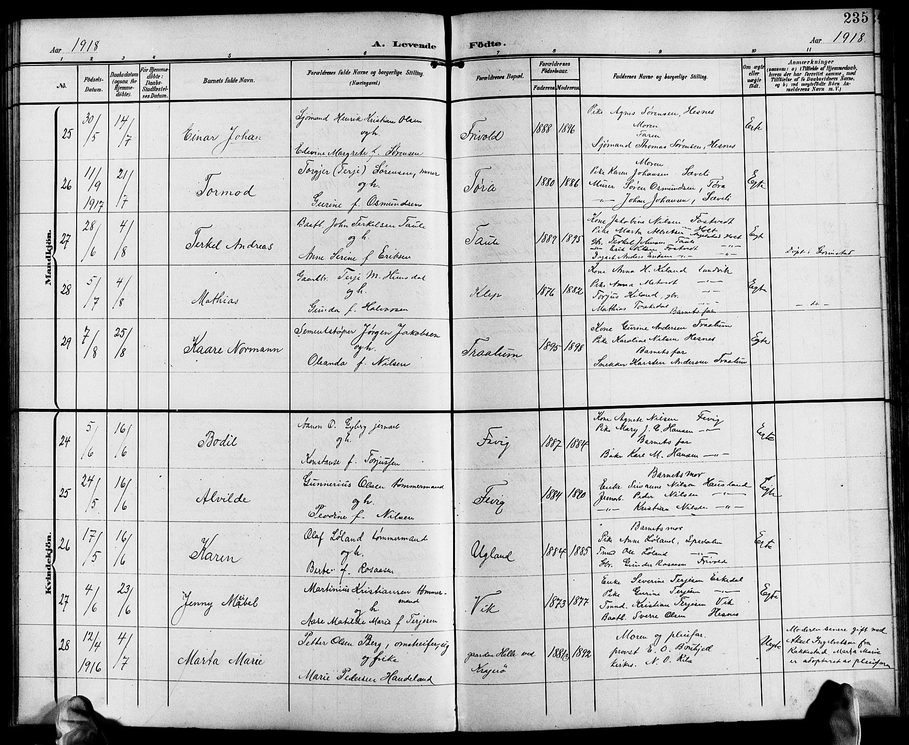 Fjære sokneprestkontor, AV/SAK-1111-0011/F/Fb/L0012: Klokkerbok nr. B 12, 1902-1925, s. 235
