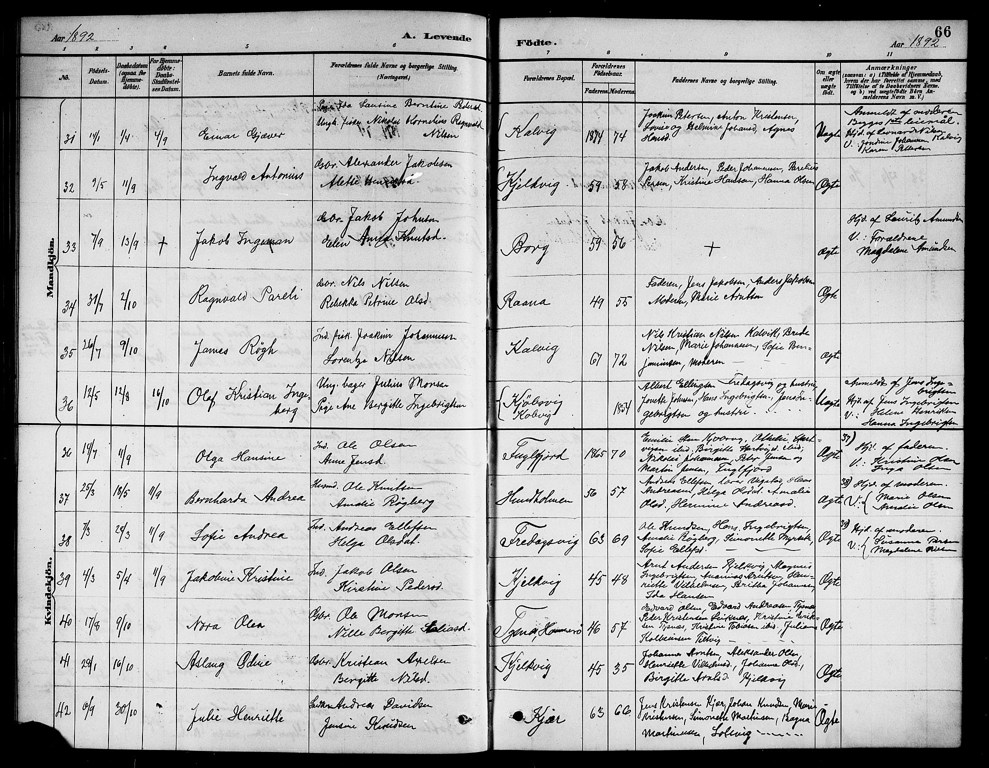 Ministerialprotokoller, klokkerbøker og fødselsregistre - Nordland, AV/SAT-A-1459/861/L0876: Klokkerbok nr. 861C02, 1887-1903, s. 66