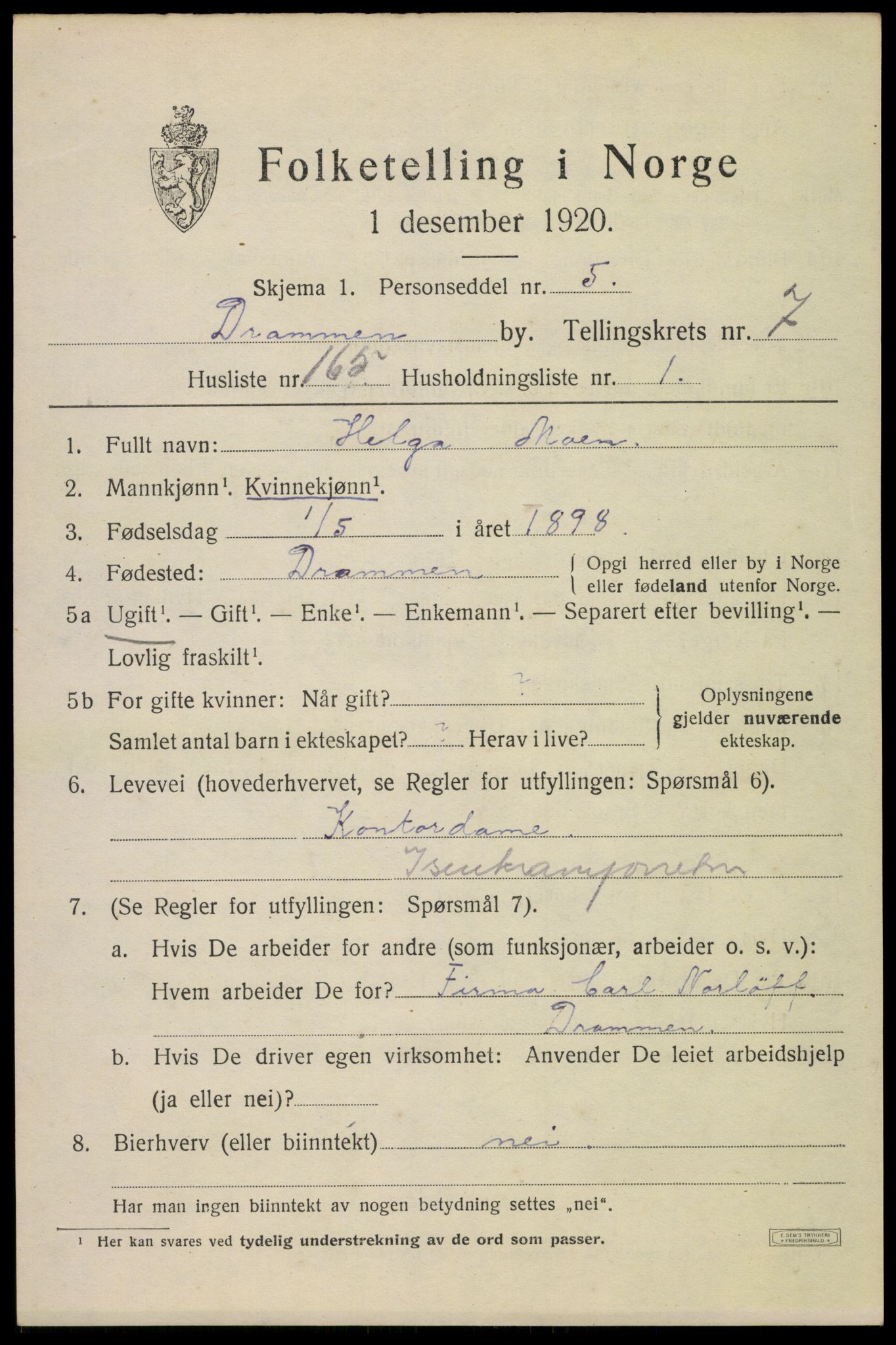 SAKO, Folketelling 1920 for 0602 Drammen kjøpstad, 1920, s. 50161