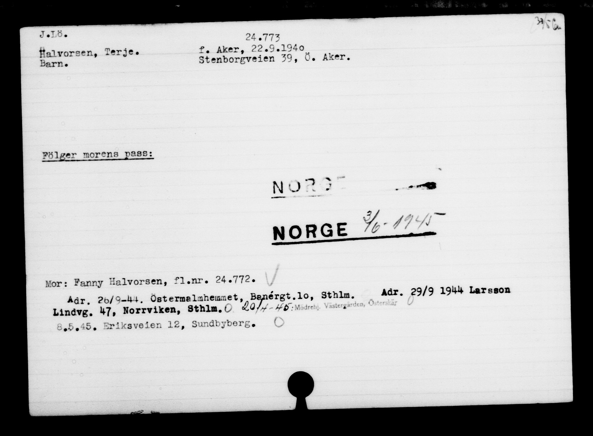 Den Kgl. Norske Legasjons Flyktningskontor, RA/S-6753/V/Va/L0010: Kjesäterkartoteket.  Flyktningenr. 22000-25314, 1940-1945, s. 2915