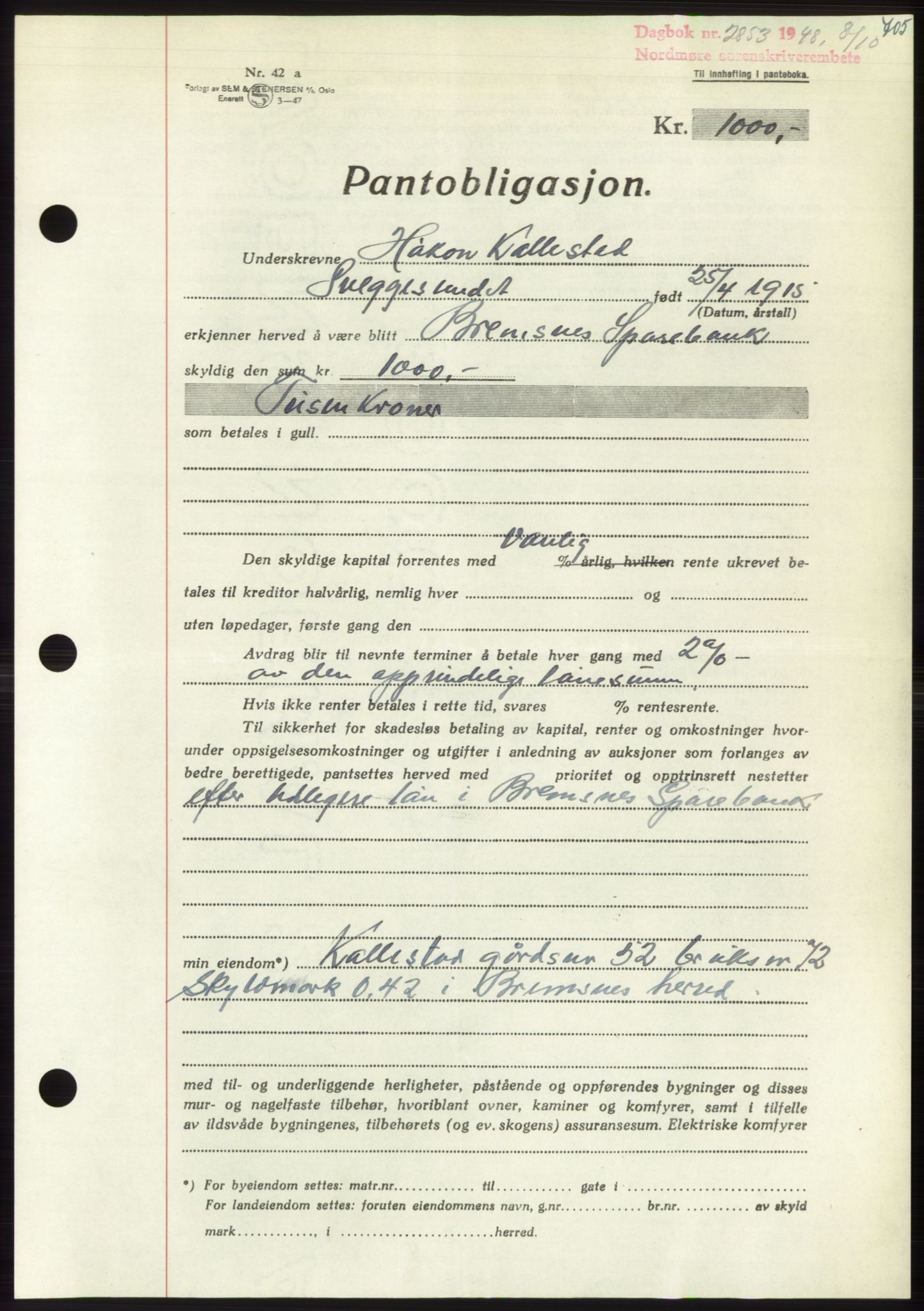 Nordmøre sorenskriveri, SAT/A-4132/1/2/2Ca: Pantebok nr. B99, 1948-1948, Dagboknr: 2853/1948