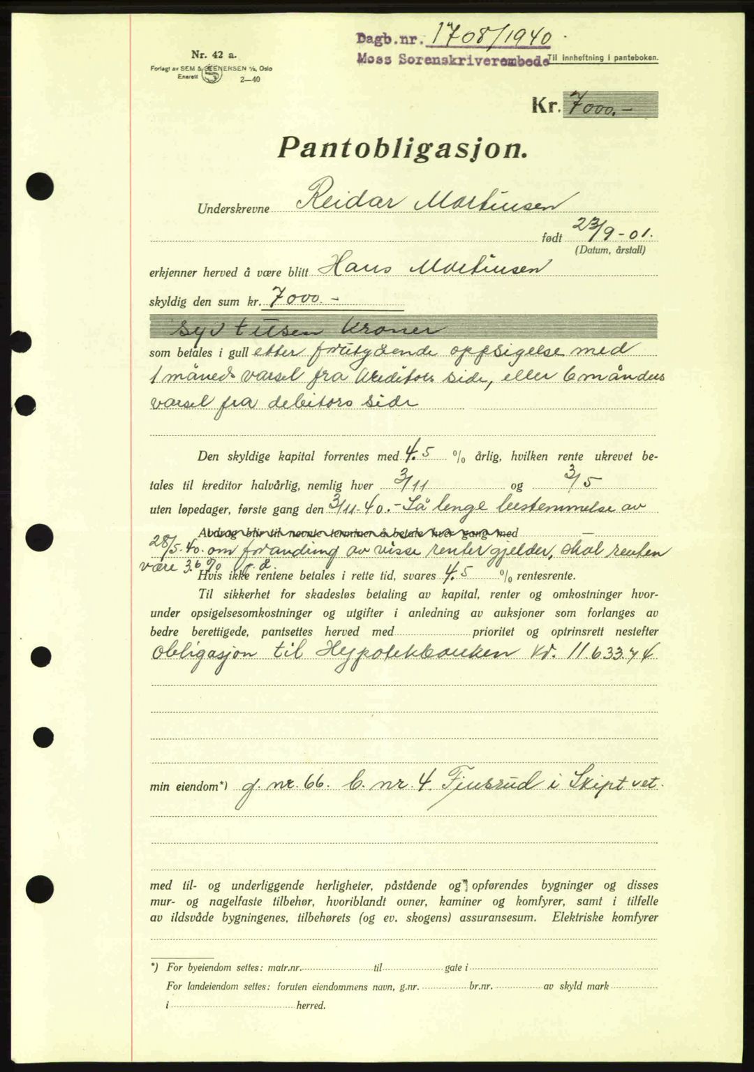 Moss sorenskriveri, SAO/A-10168: Pantebok nr. B10, 1940-1941, Dagboknr: 1708/1940
