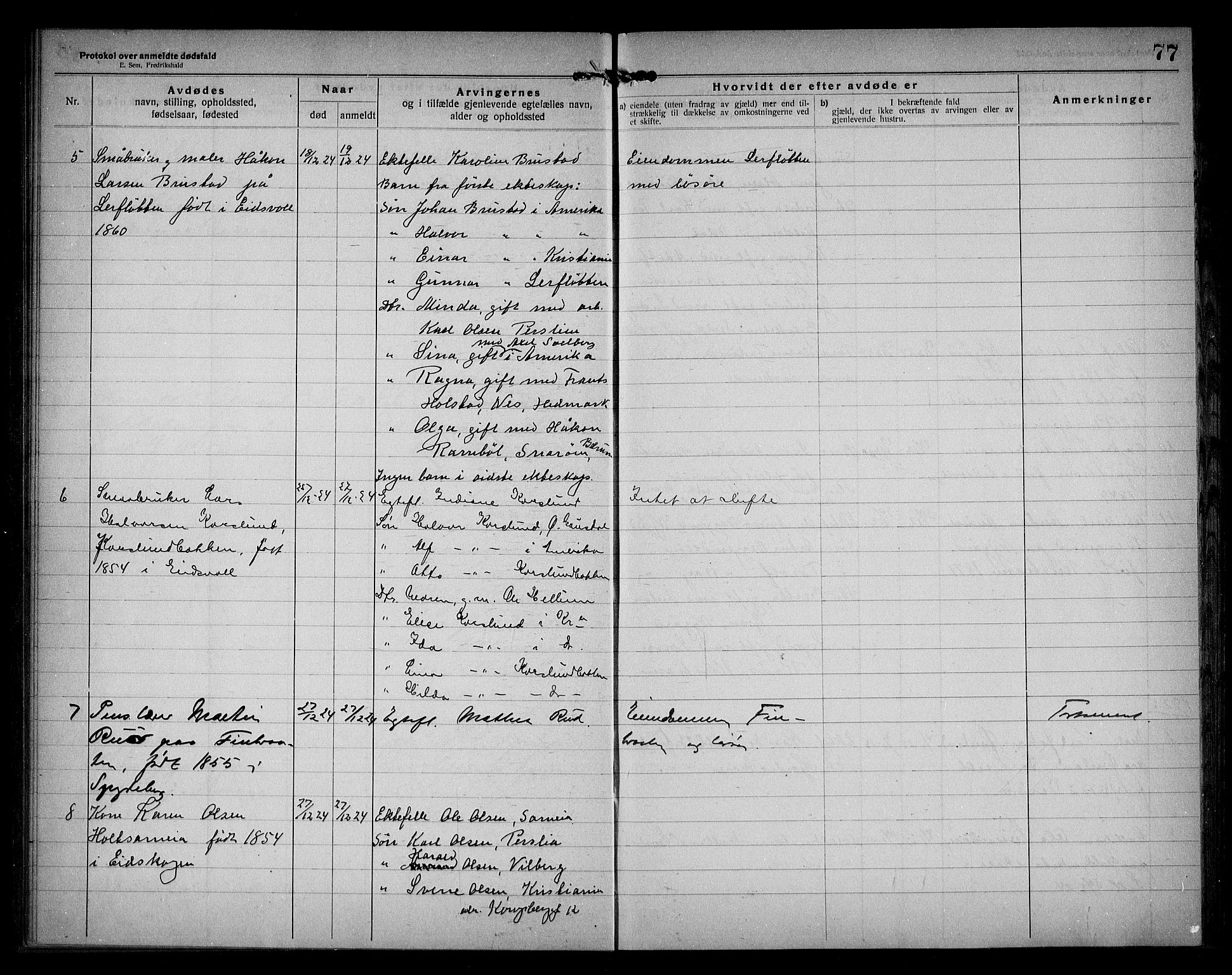 Eidsvoll lensmannskontor, AV/SAO-A-10266a/H/Ha/Haa/L0005: Dødsfallprotokoll, 1921-1930, s. 77
