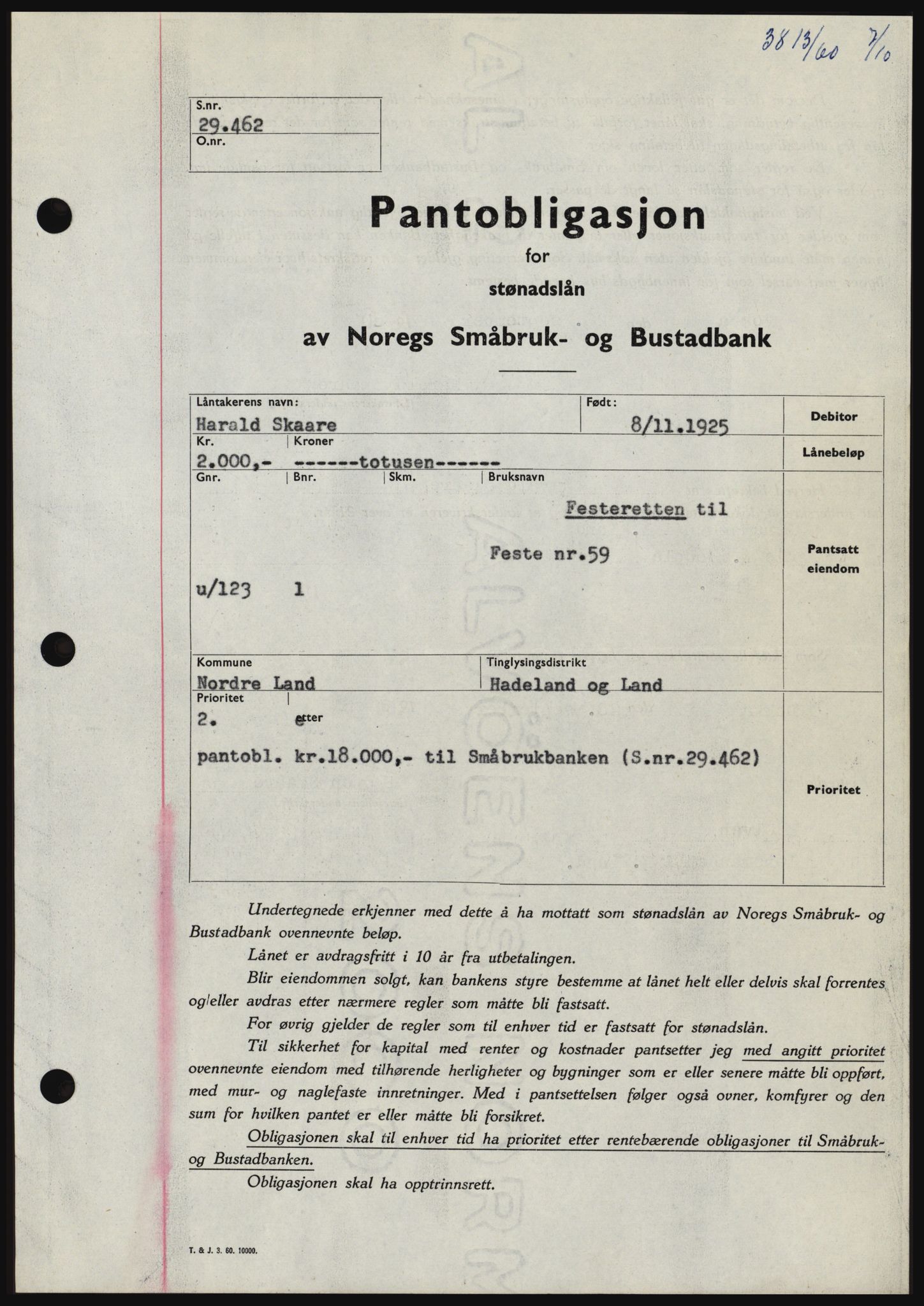Hadeland og Land tingrett, SAH/TING-010/H/Hb/Hbc/L0044: Pantebok nr. B44, 1960-1961, Dagboknr: 3813/1960