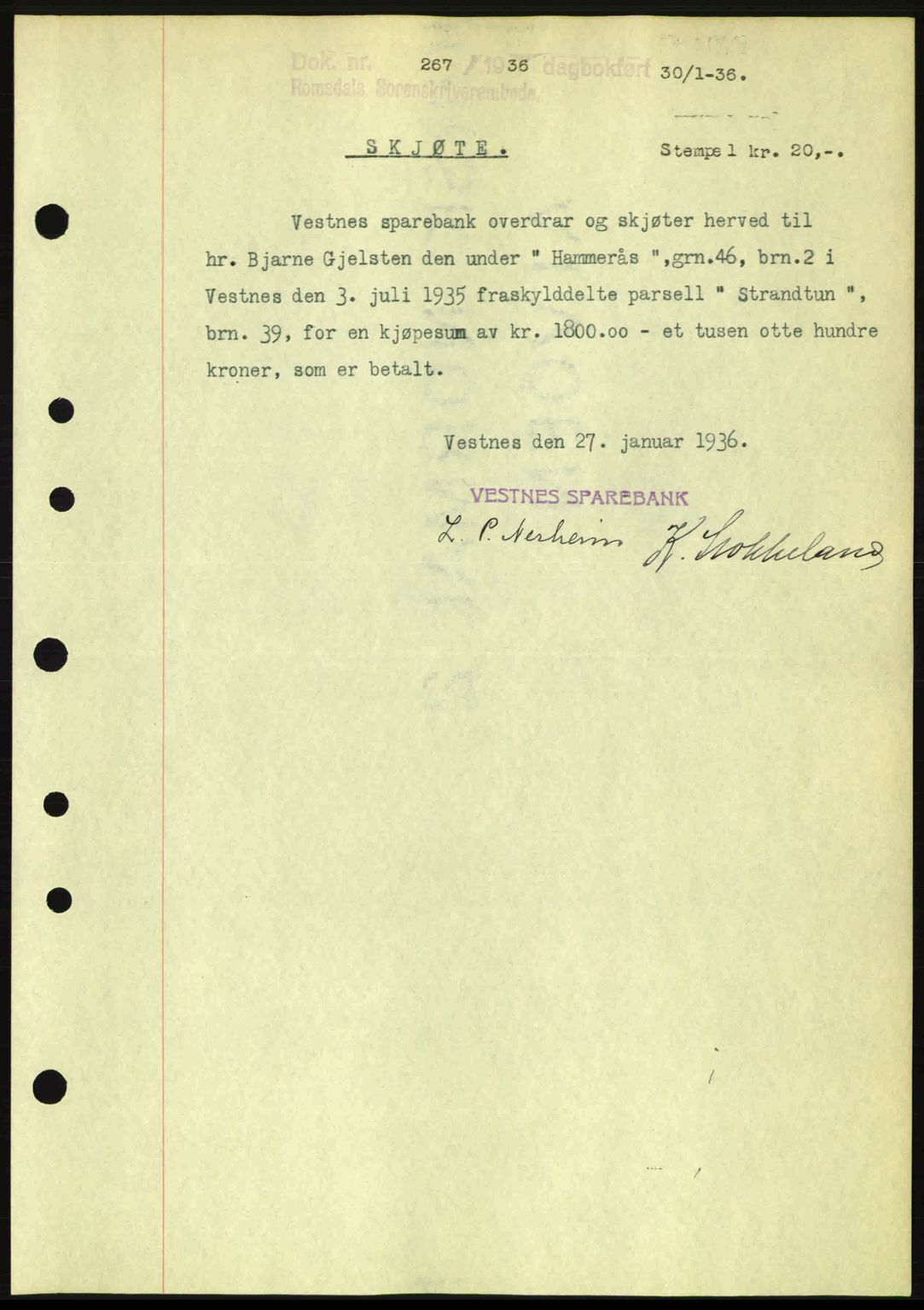 Romsdal sorenskriveri, SAT/A-4149/1/2/2C: Pantebok nr. A1, 1936-1936, Dagboknr: 267/1936