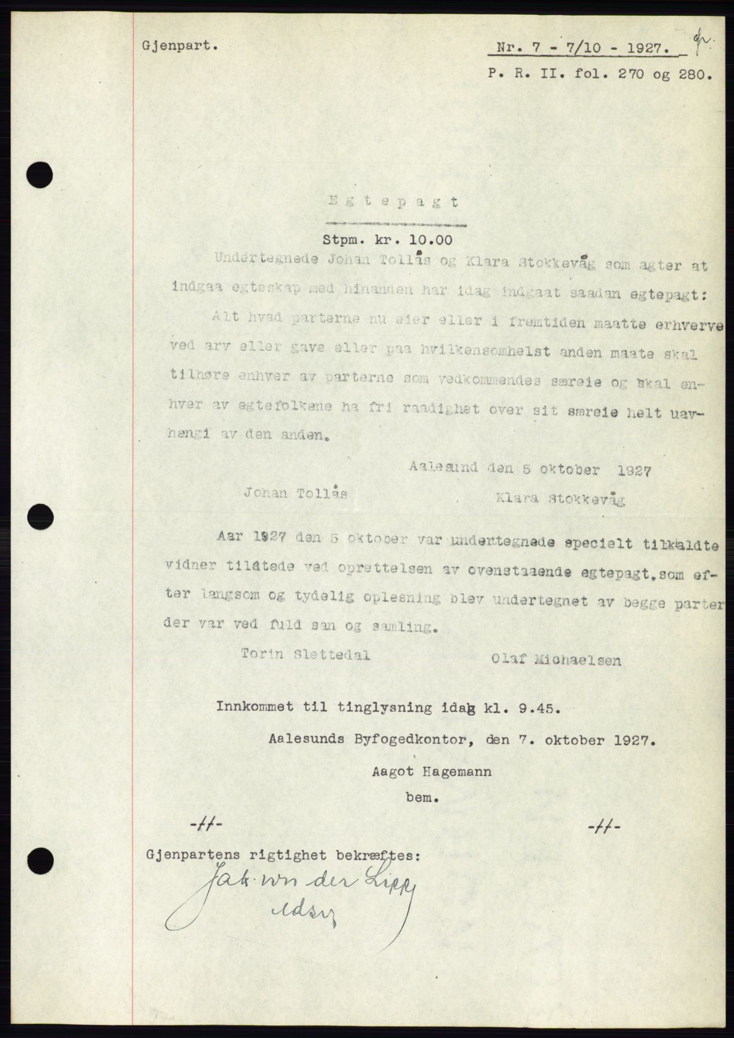 Ålesund byfogd, AV/SAT-A-4384: Pantebok nr. 22, 1927-1927, Tingl.dato: 07.10.1927